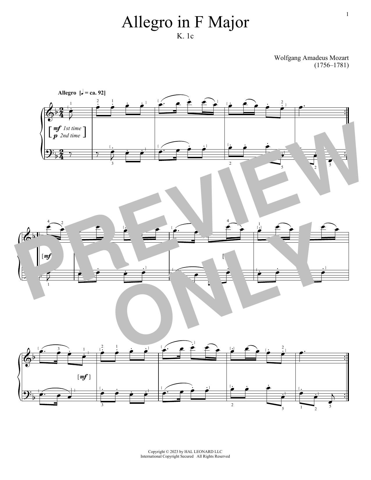 Download Wolfgang Amadeus Mozart Allegro in F Major, K. 1c Sheet Music