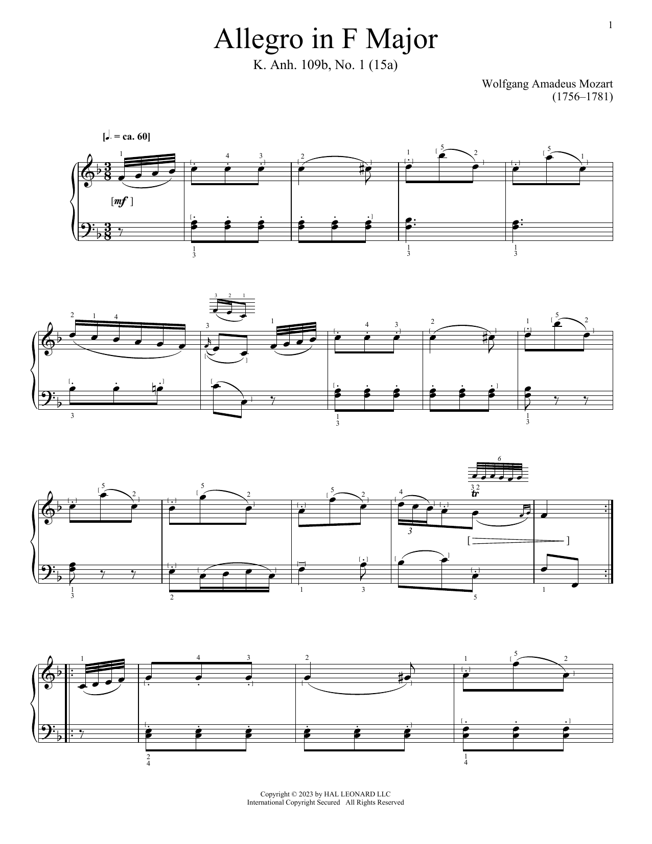 Download Wolfgang Amadeus Mozart Allegro in F Major, K. Anh. 109, No. 1 Sheet Music