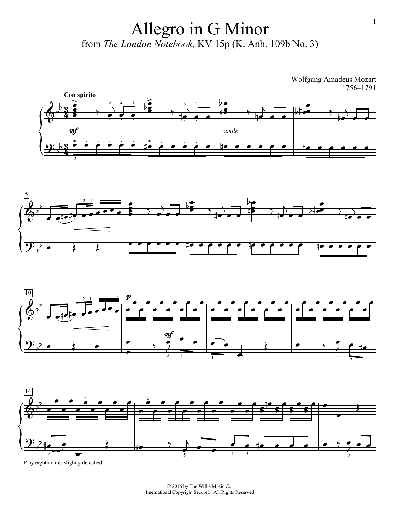 Download Wolfgang Amadeus Mozart Allegro In G Minor Sheet Music