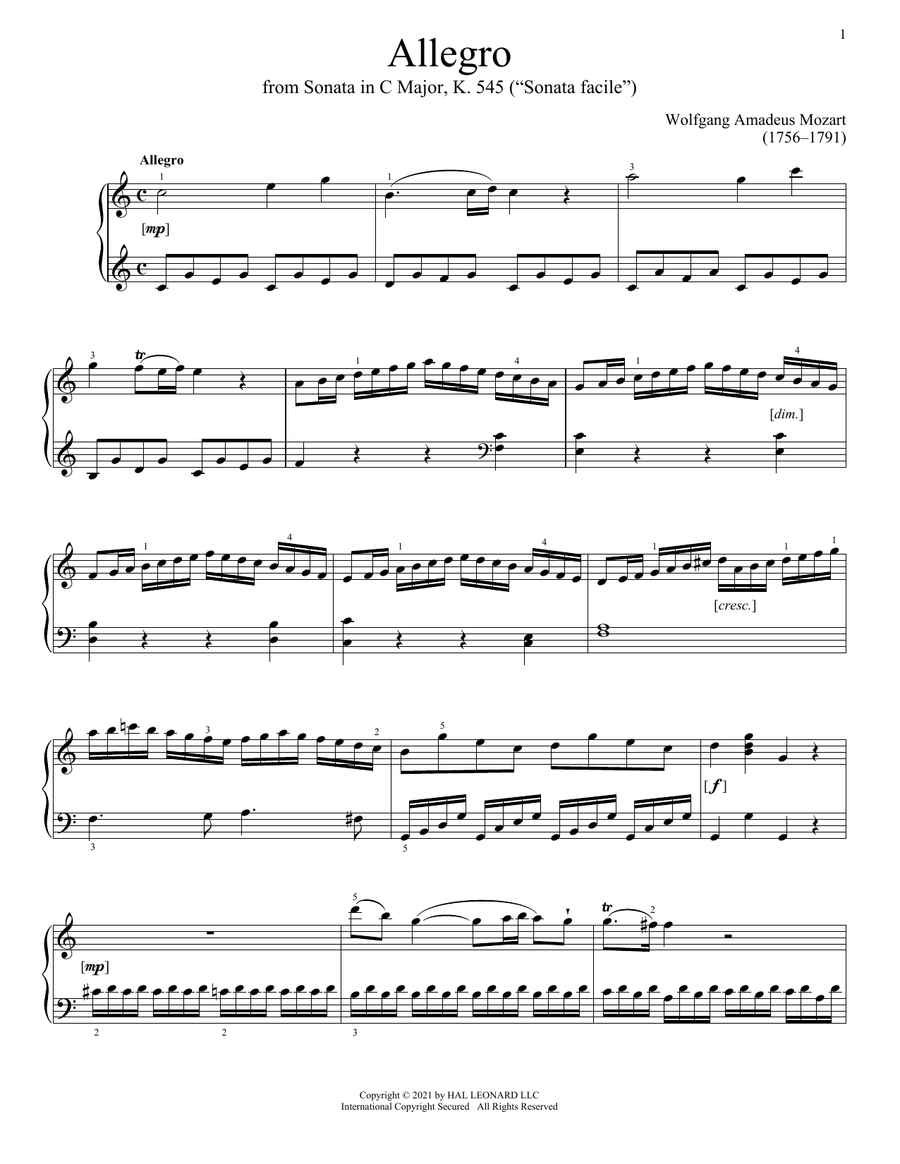 Download Wolfgang Amadeus Mozart Allegro, K. 545 Sheet Music