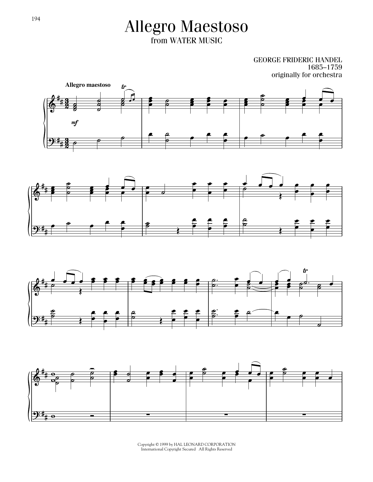 George Frideric Handel Allegro Maestoso sheet music notes printable PDF score
