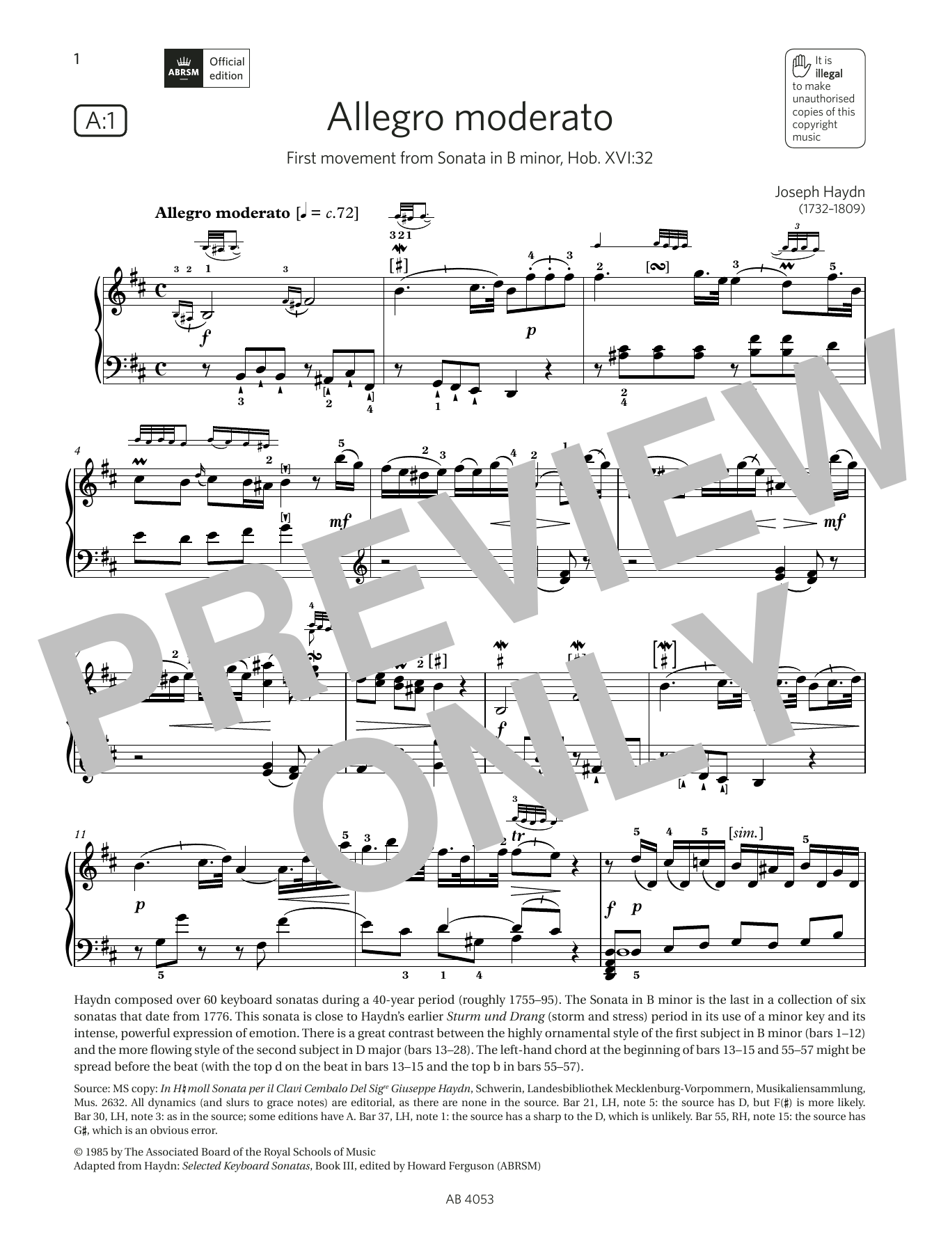 Download Joseph Haydn Allegro moderato (Grade 7, list A1, fro Sheet Music
