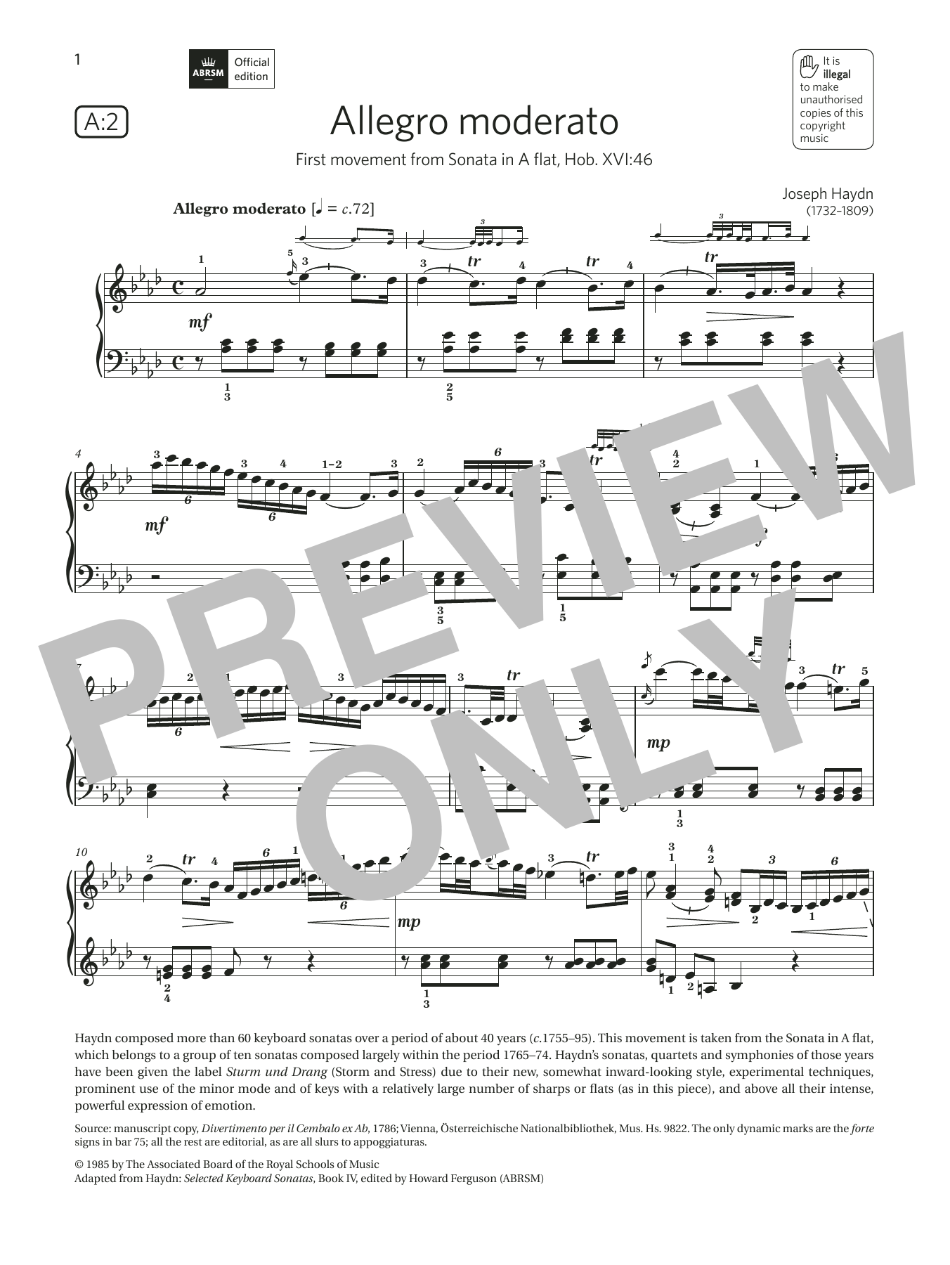 Download Joseph Haydn Allegro moderato (Grade 8, list A2, fro Sheet Music