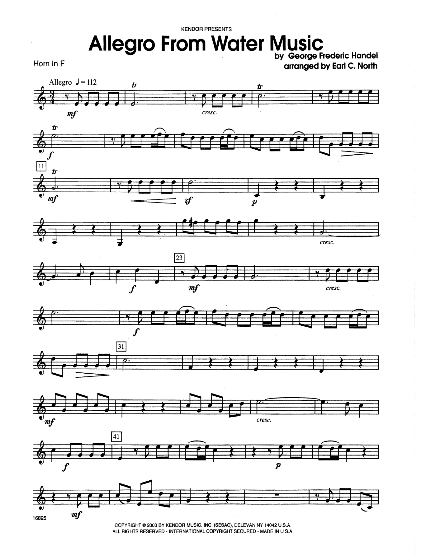 Download Earl North Allegro From Water Music - Horn in F Sheet Music
