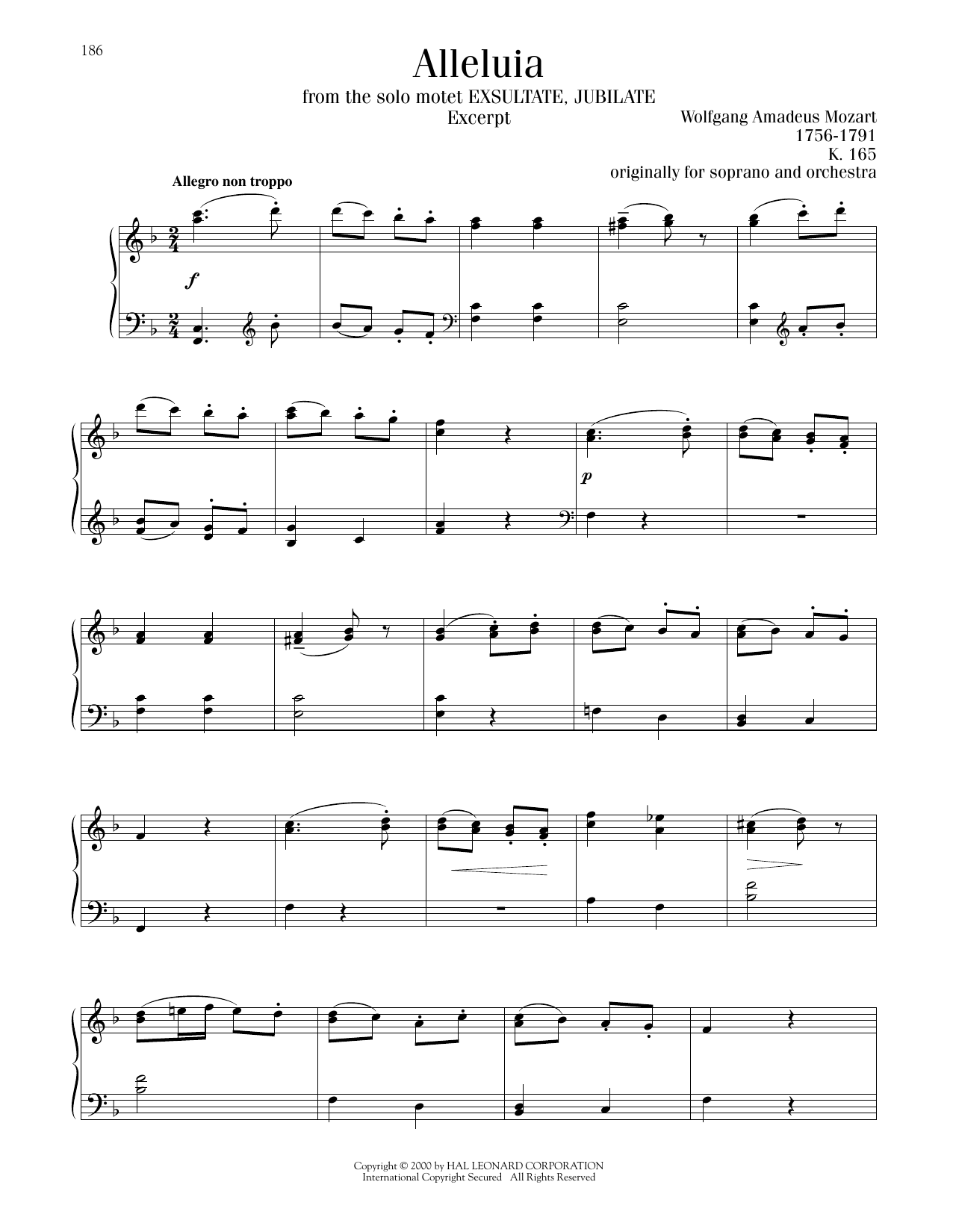 Wolfgang Amadeus Mozart Alleluia, K. 165 sheet music notes printable PDF score