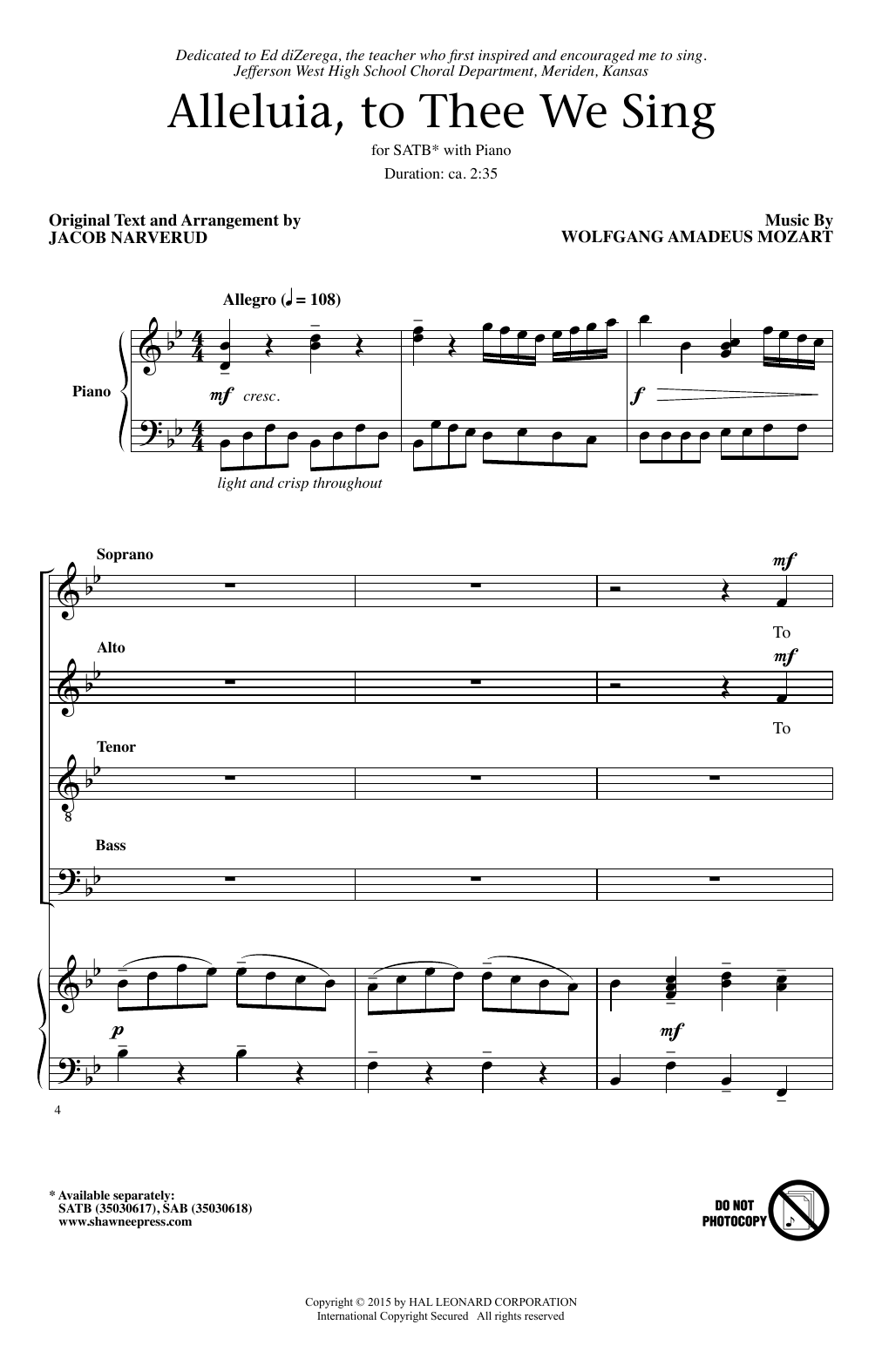 Download Wolfgang Amadeus Mozart Alleluia, To Thee We Sing (arr. Jacob N Sheet Music