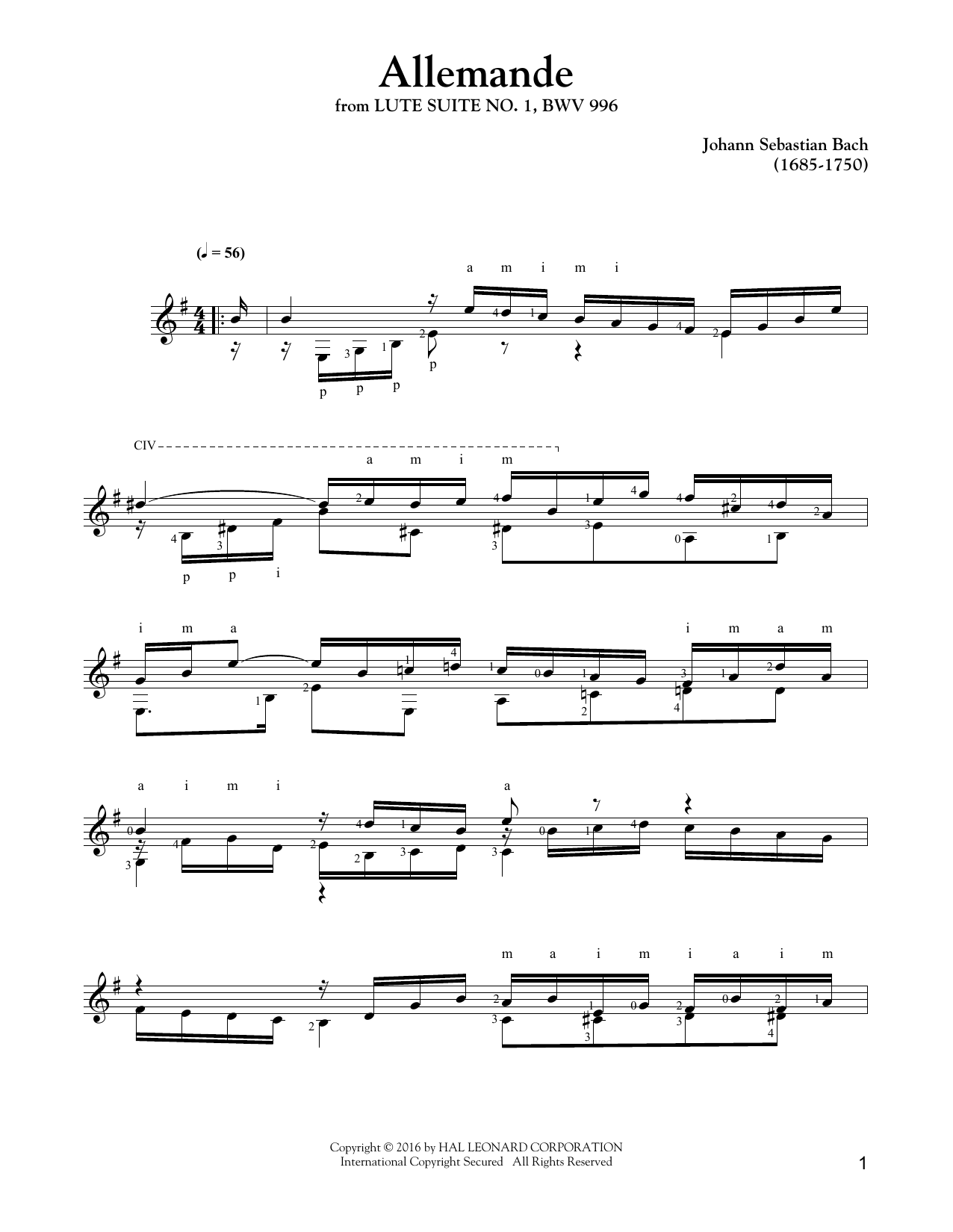 Download Johann Sebastian Bach Allemande Sheet Music