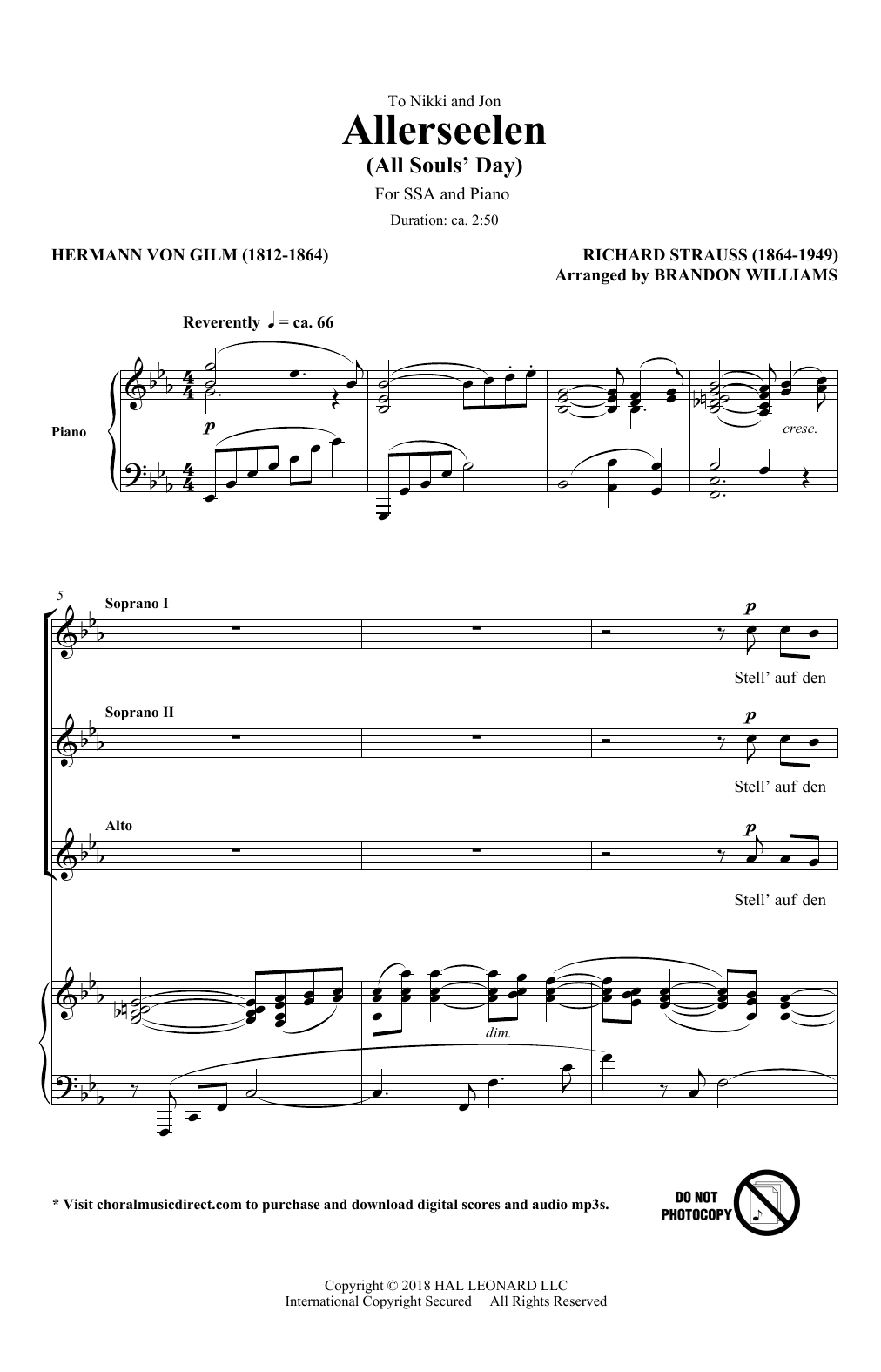 Download Richard Strauss & Hermann von Gilm Allerseelen (arr. Brandon Williams) Sheet Music