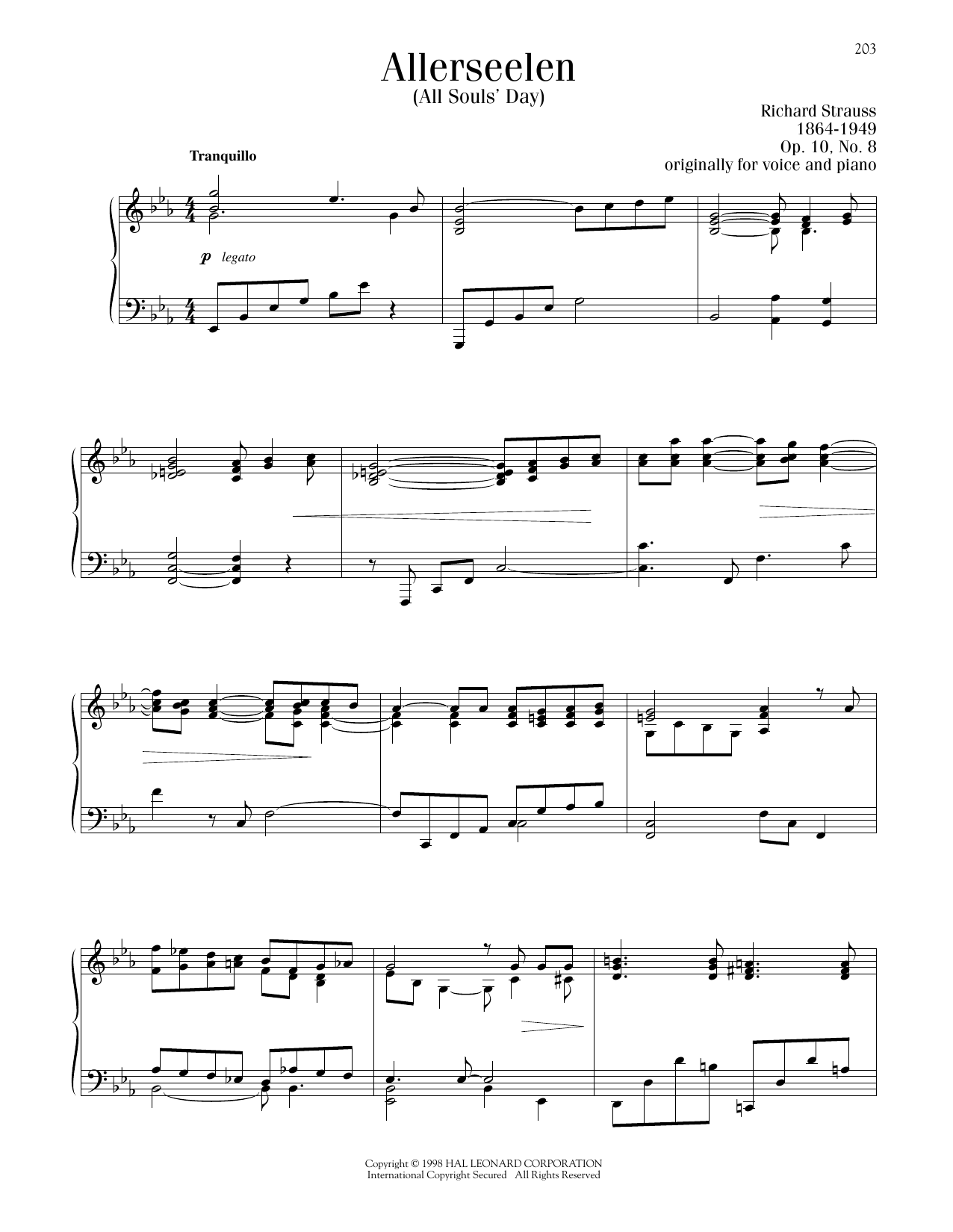 Richard Strauss Allerseelen, Op. 10 (All Souls' Day) sheet music notes printable PDF score