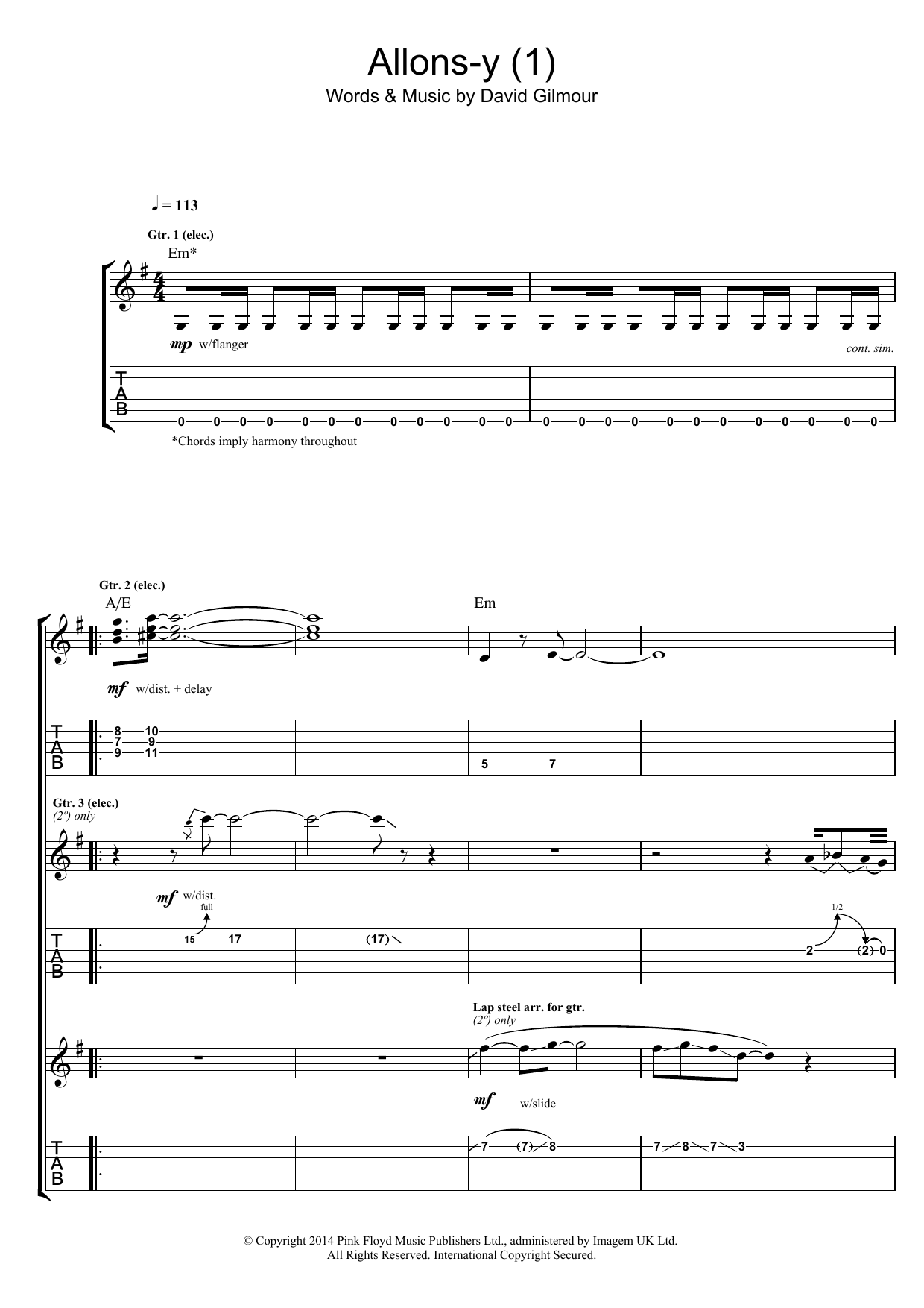 Download Pink Floyd Allons Y (Part 1) Sheet Music