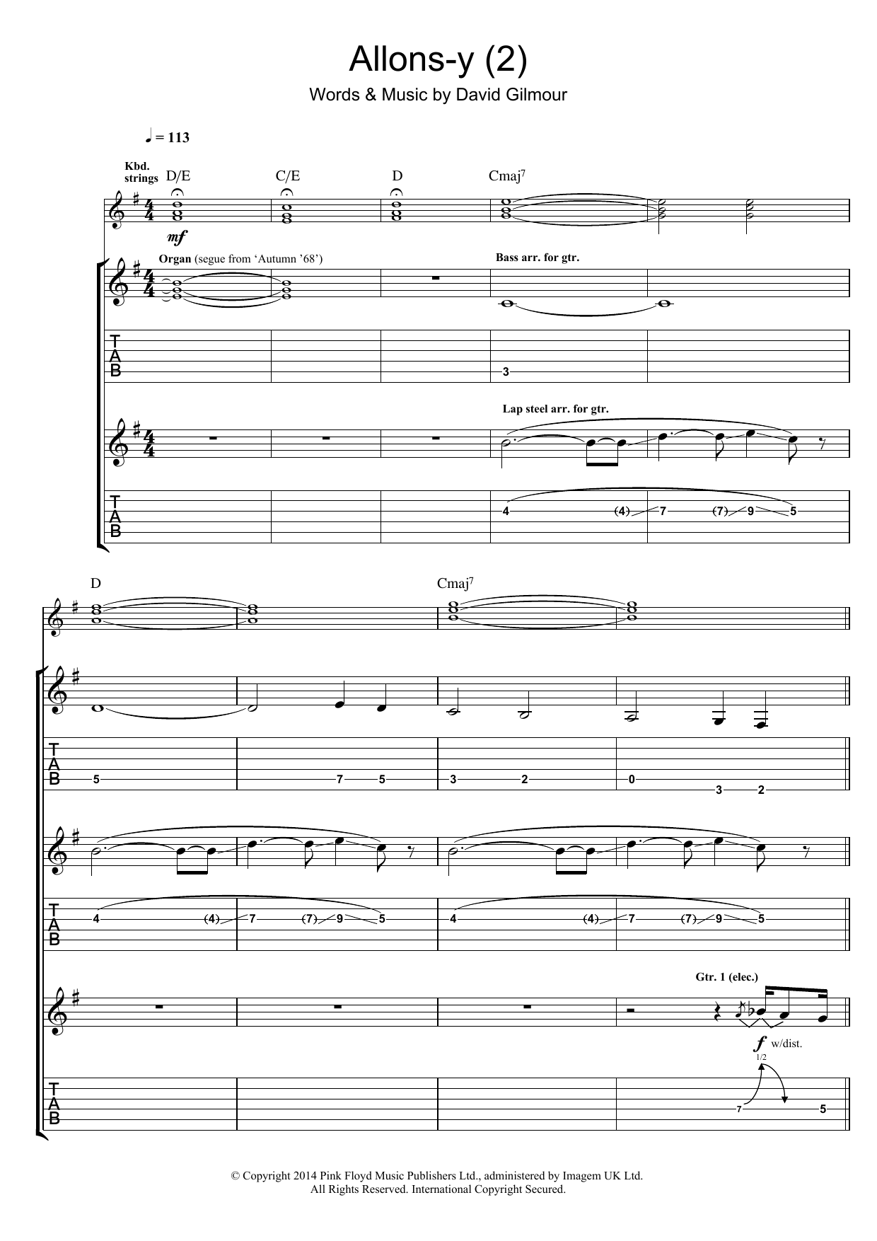 Download Pink Floyd Allons Y (Part 2) Sheet Music