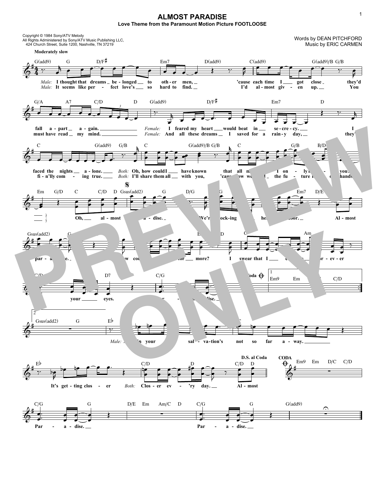 Download Ann Wilson & Mike Reno Almost Paradise Sheet Music