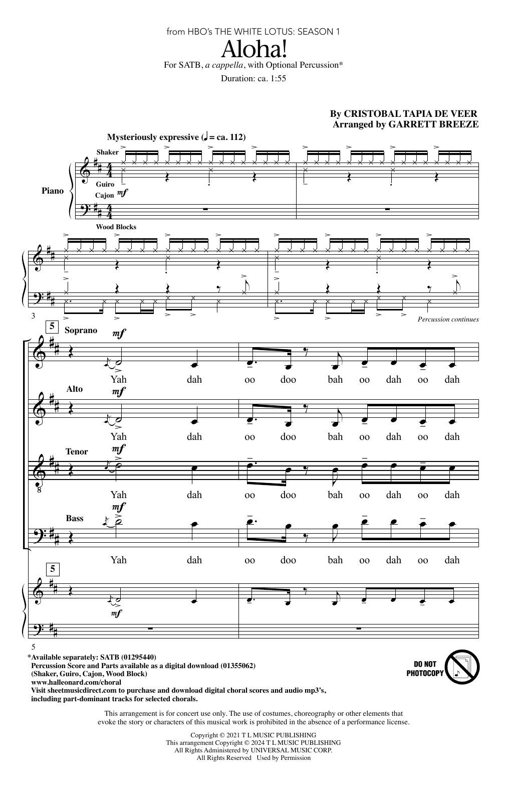 Cristobal Tapia de Veer Aloha! (arr. Garrett Breeze) sheet music notes printable PDF score