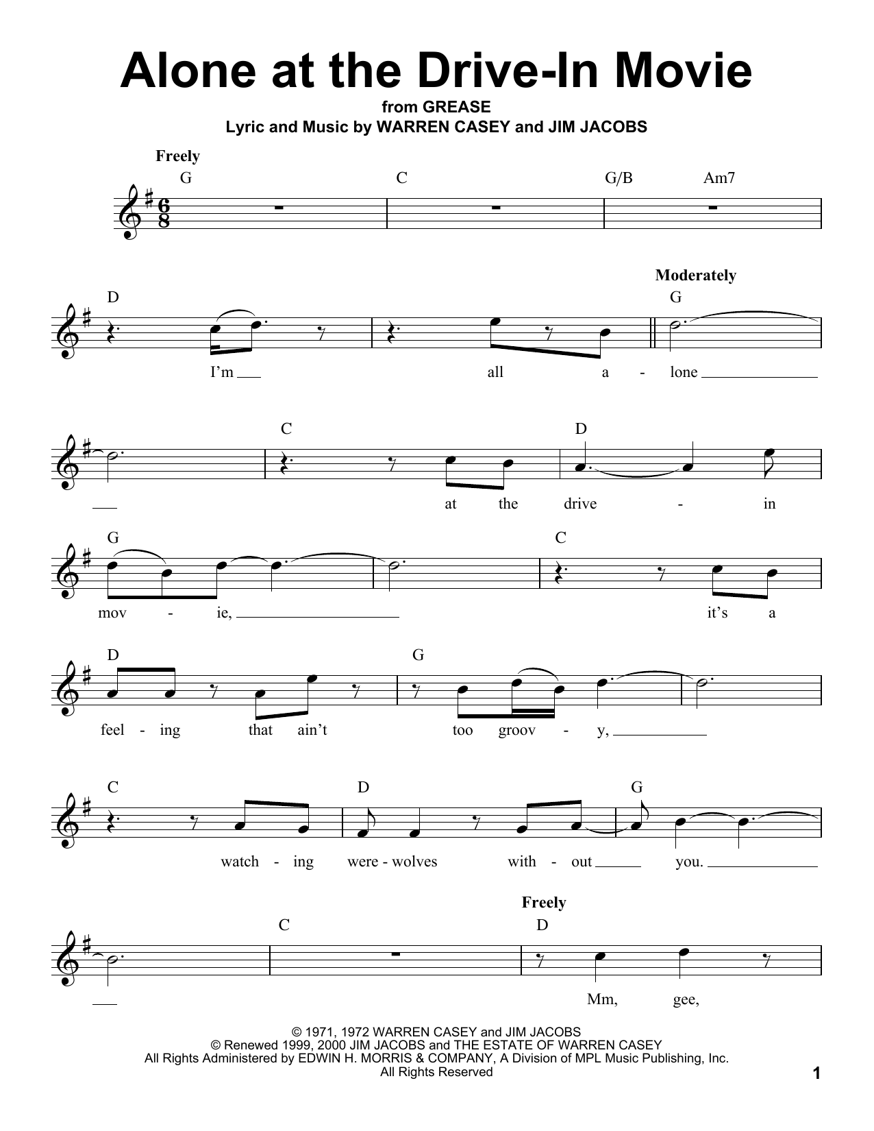 Download Warren Casey Alone At The Drive-In Movie Sheet Music