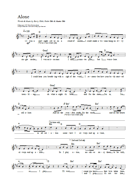 Bee Gees Alone sheet music notes printable PDF score