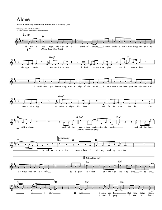 Bee Gees Alone sheet music notes printable PDF score