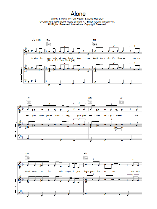 The Beautiful South Alone sheet music notes printable PDF score