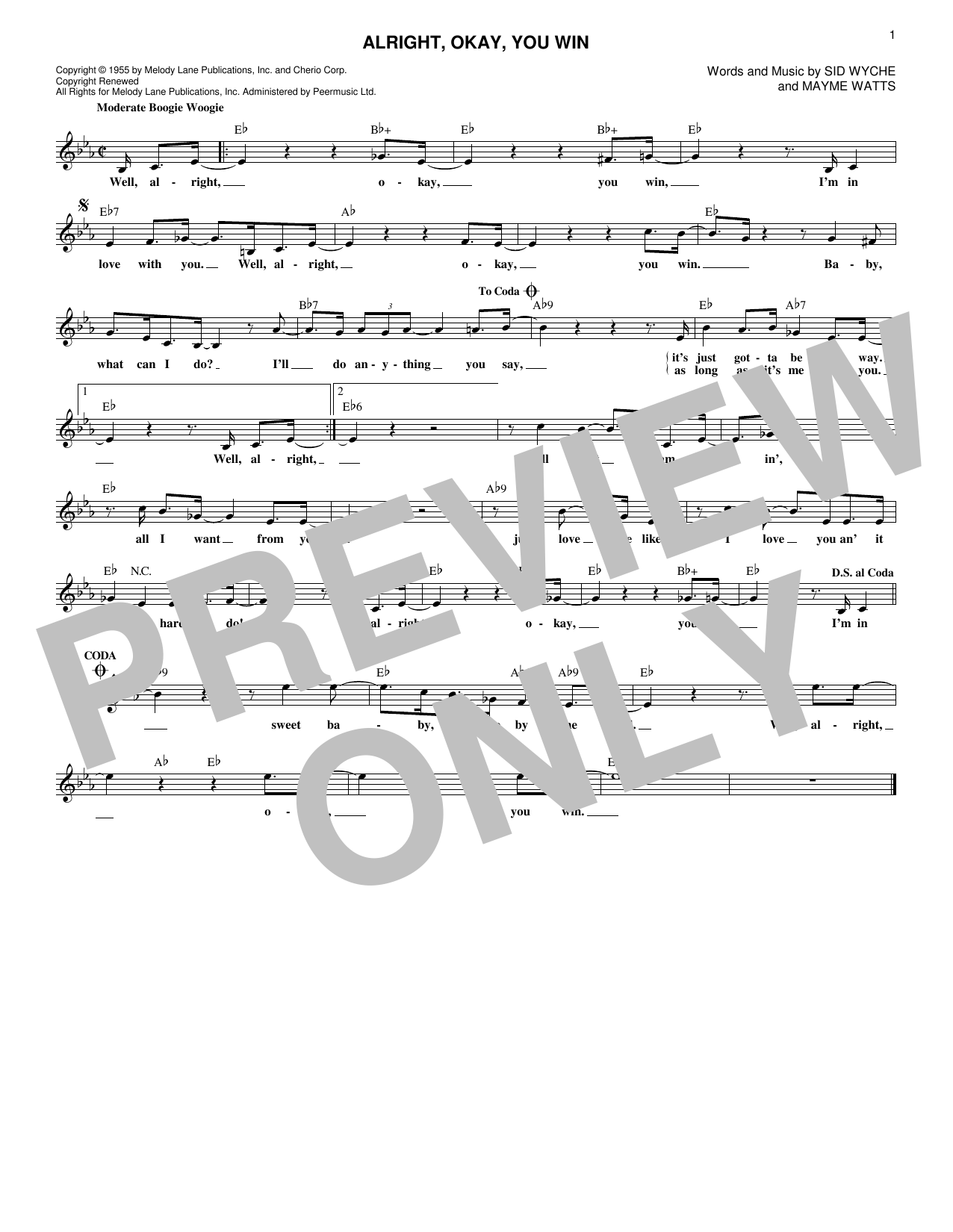 Download Peggy Lee Alright, Okay, You Win Sheet Music