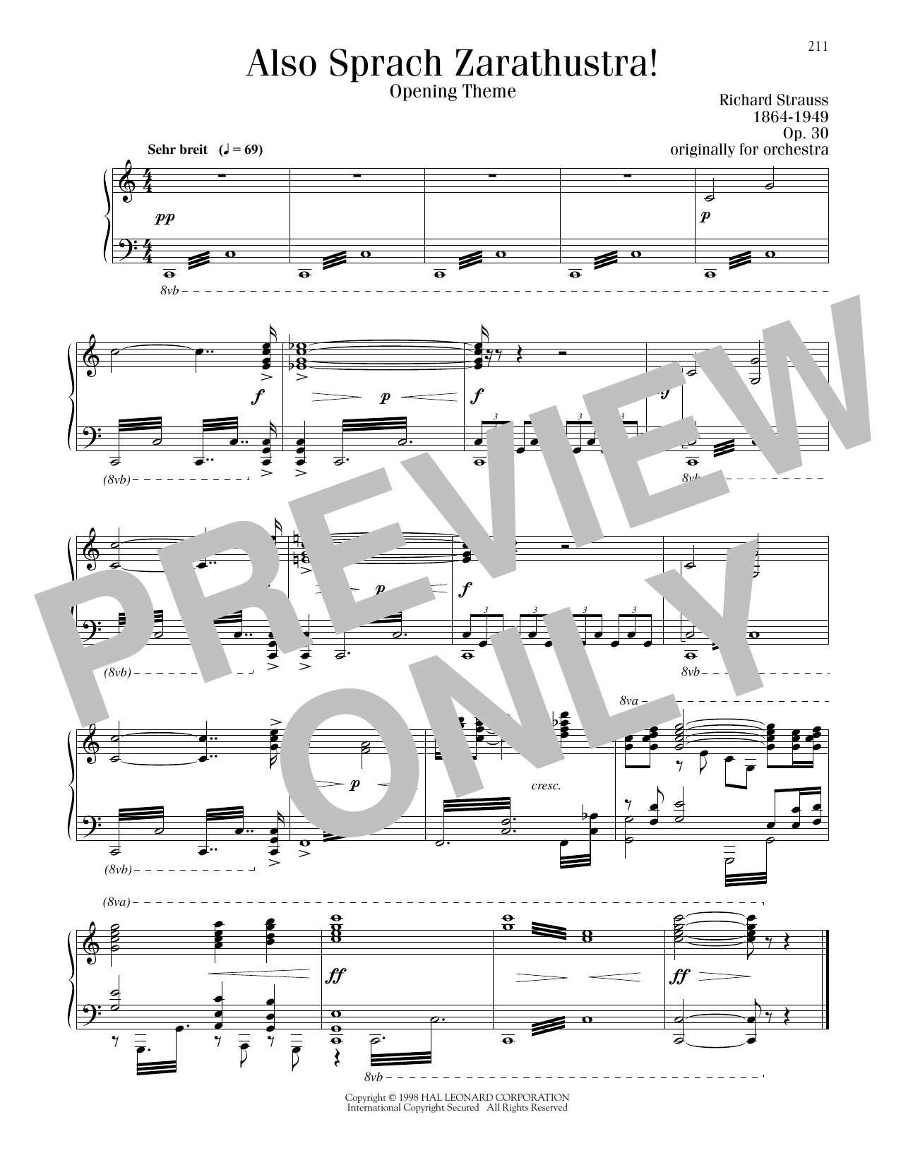 Richard Strauss Also Sprach Zarathustra, Opening Theme sheet music notes printable PDF score