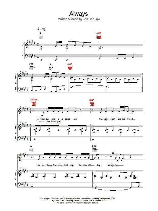 Bon Jovi Always sheet music notes printable PDF score