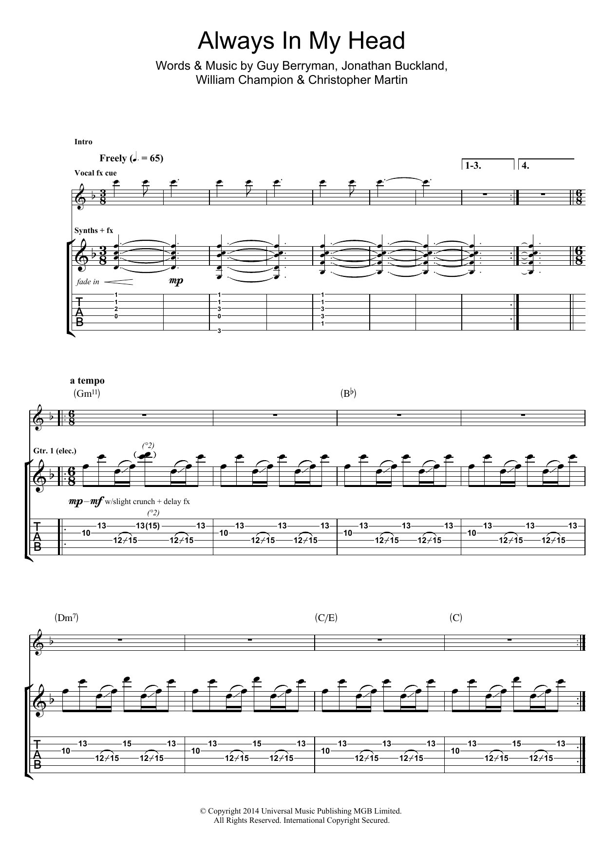 Download Coldplay Always In My Head Sheet Music