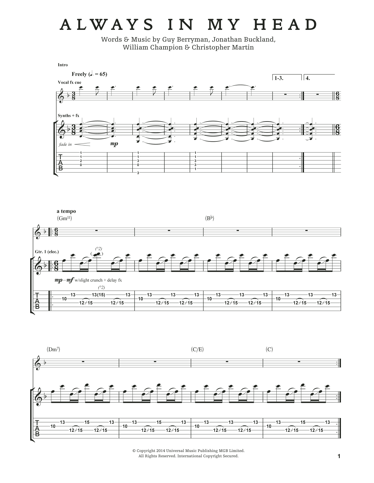 Download Coldplay Always In My Head Sheet Music