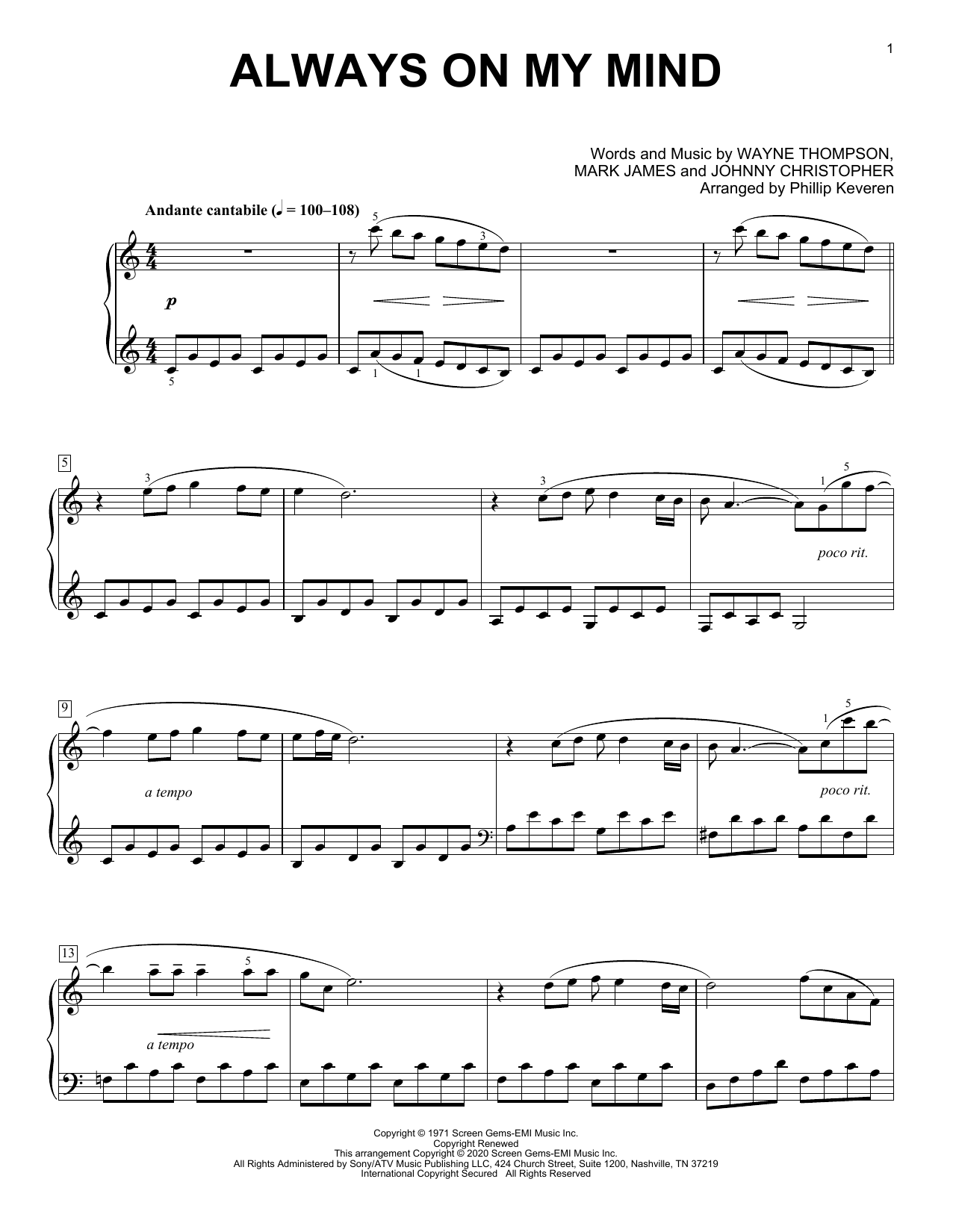 Download Willie Nelson Always On My Mind [Classical version] ( Sheet Music