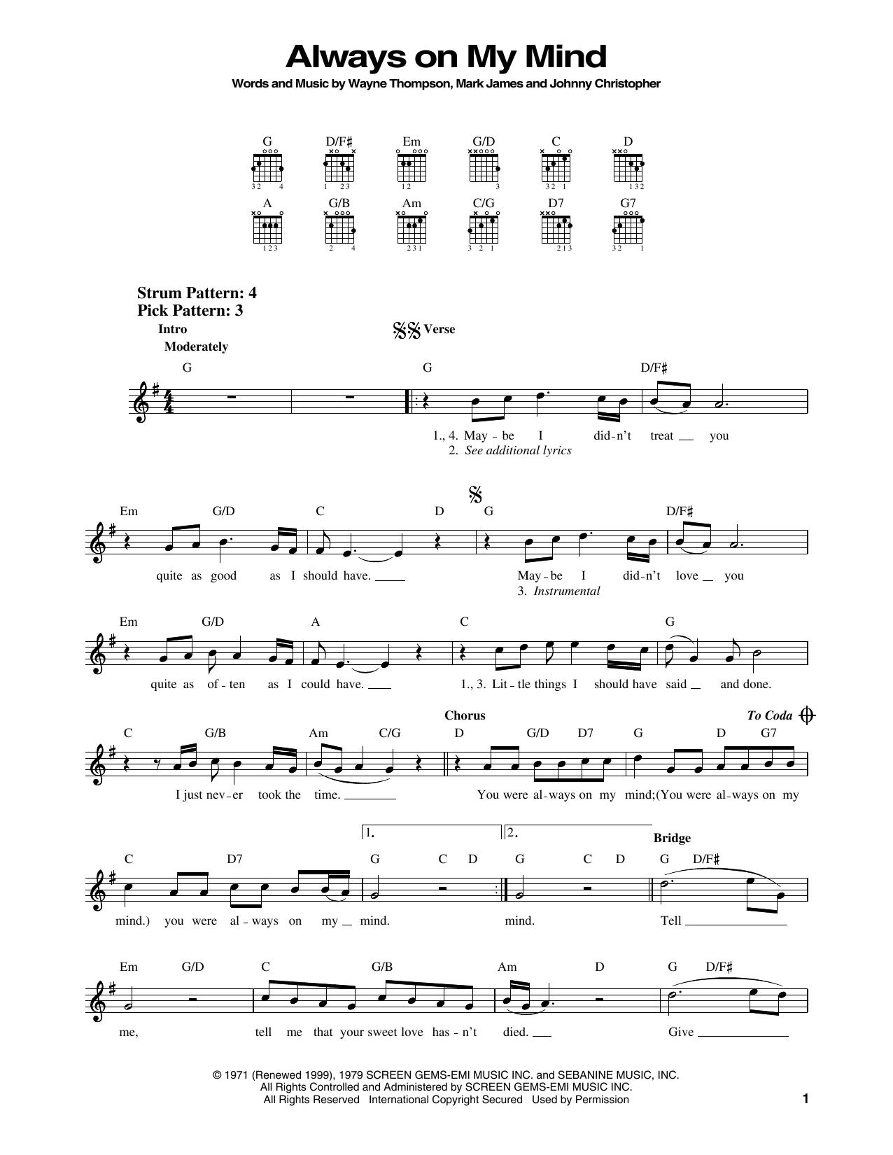 Elvis Presley Always On My Mind sheet music notes printable PDF score