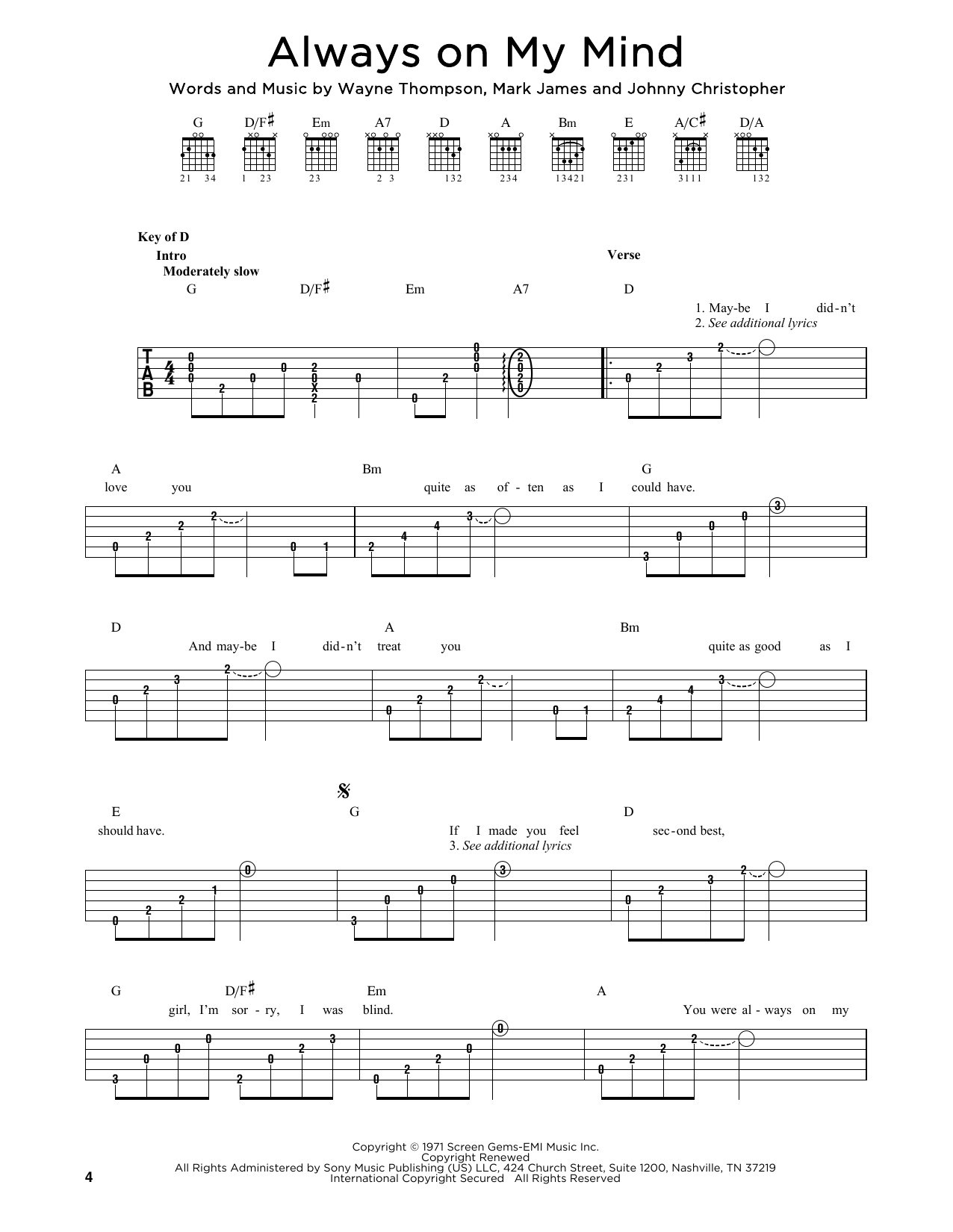 Willie Nelson Always On My Mind sheet music notes printable PDF score
