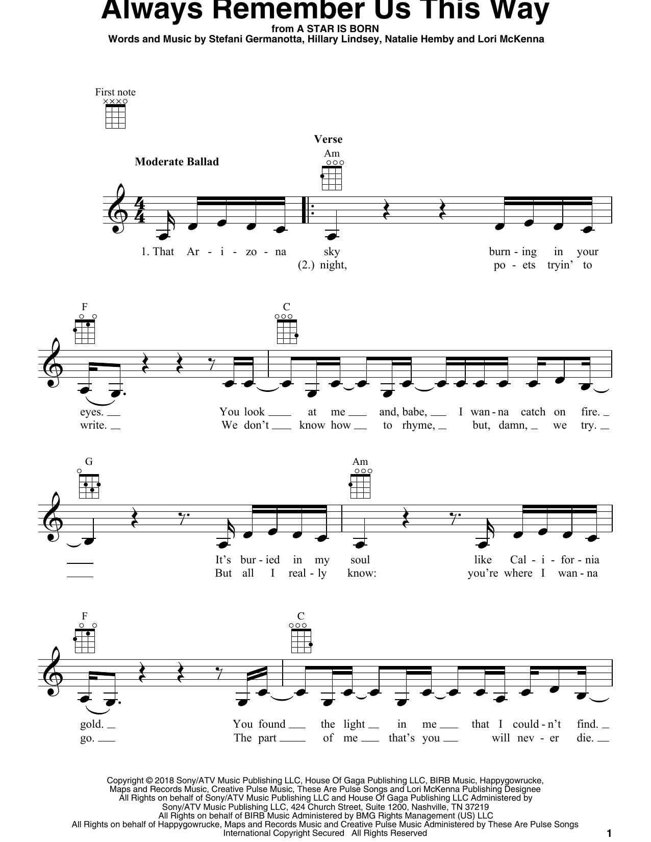Download Lady Gaga Always Remember Us This Way (from A Sta Sheet Music