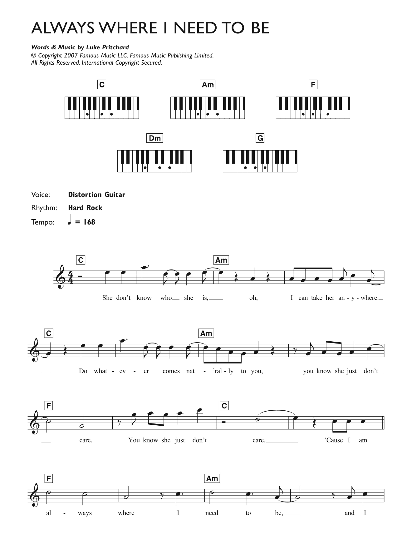 Download The Kooks Always Where I Need To Be Sheet Music