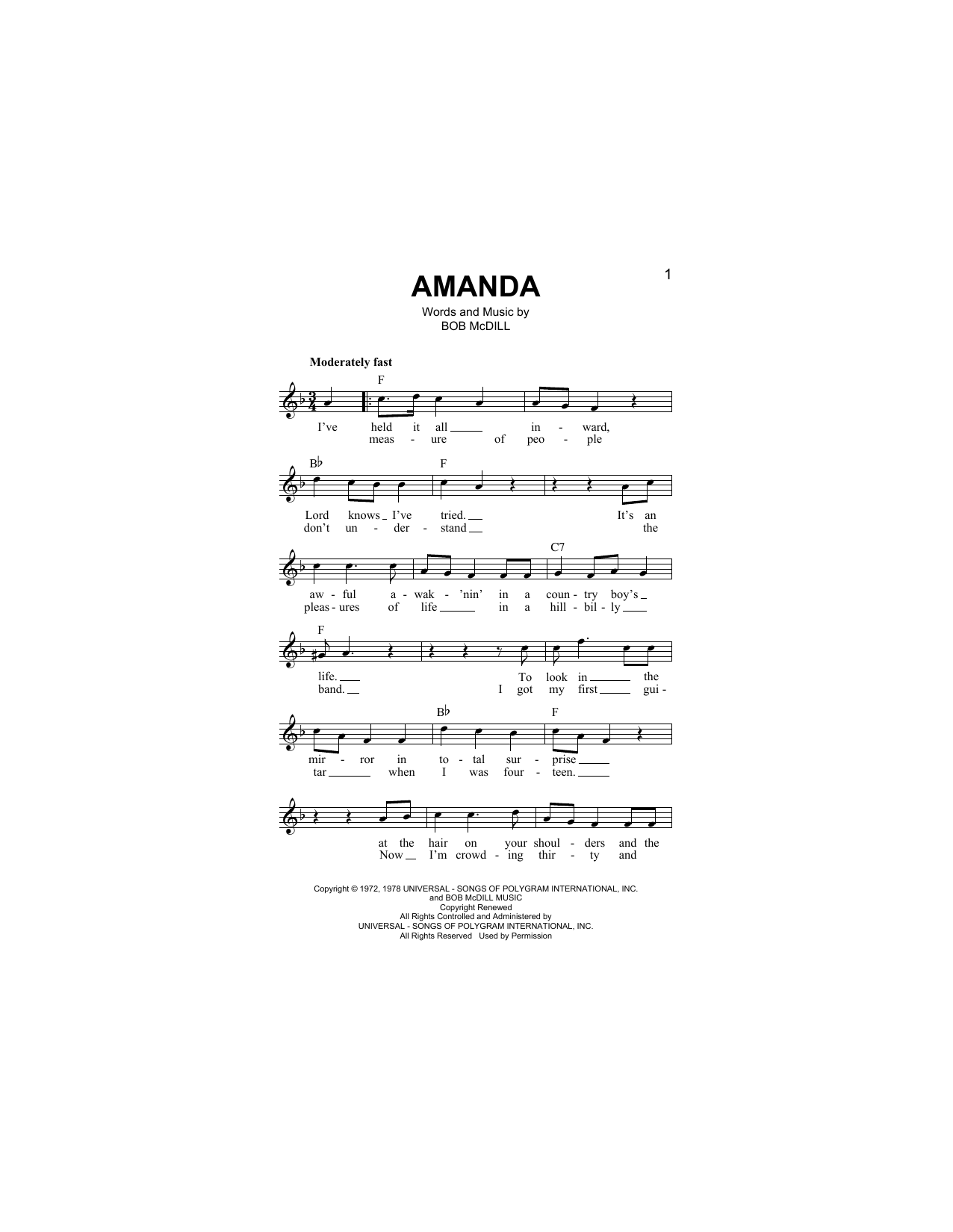 Download Waylon Jennings Amanda Sheet Music