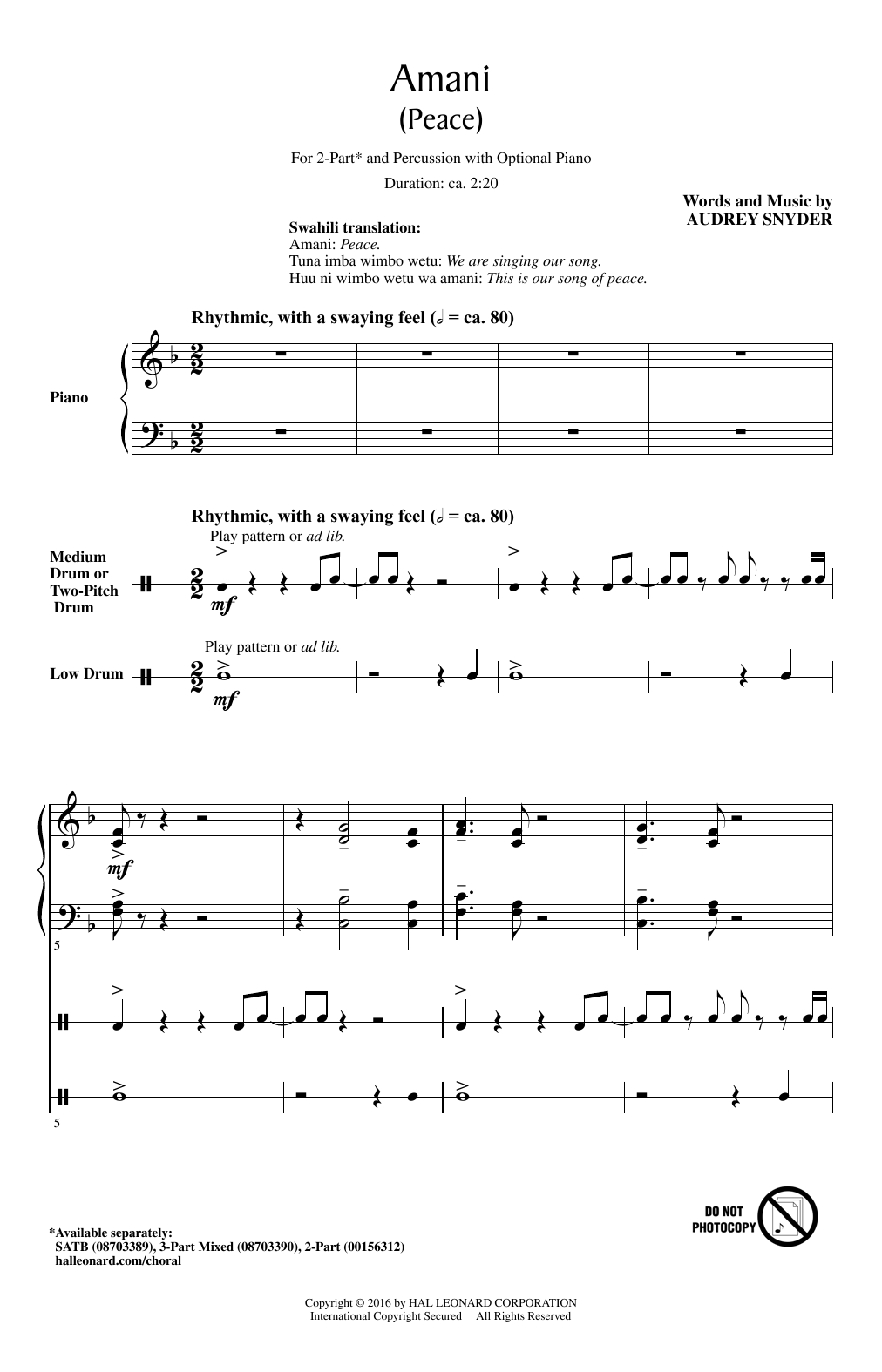 Download Audrey Snyder Amani (Peace) Sheet Music