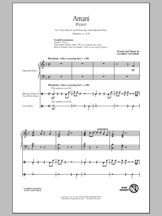 Download Audrey Snyder Amani (Peace) Sheet Music