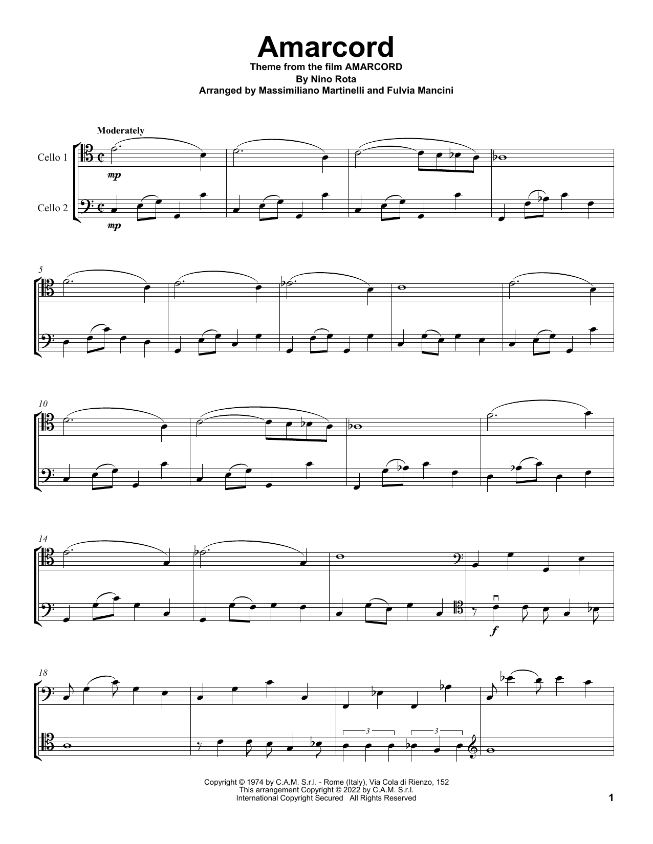 Download Mr & Mrs Cello Amarcord (from Amarcord) Sheet Music