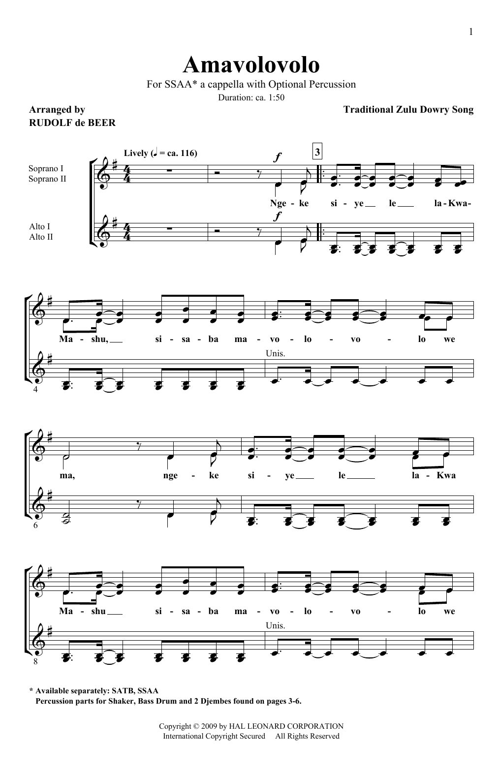 Download Traditional Zulu Dowry Song Amavolovolo (arr. Rudolf de Beer) Sheet Music