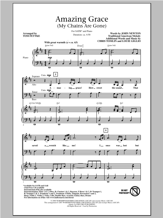 Download Tom Fettke Amazing Grace (My Chains Are Gone) Sheet Music