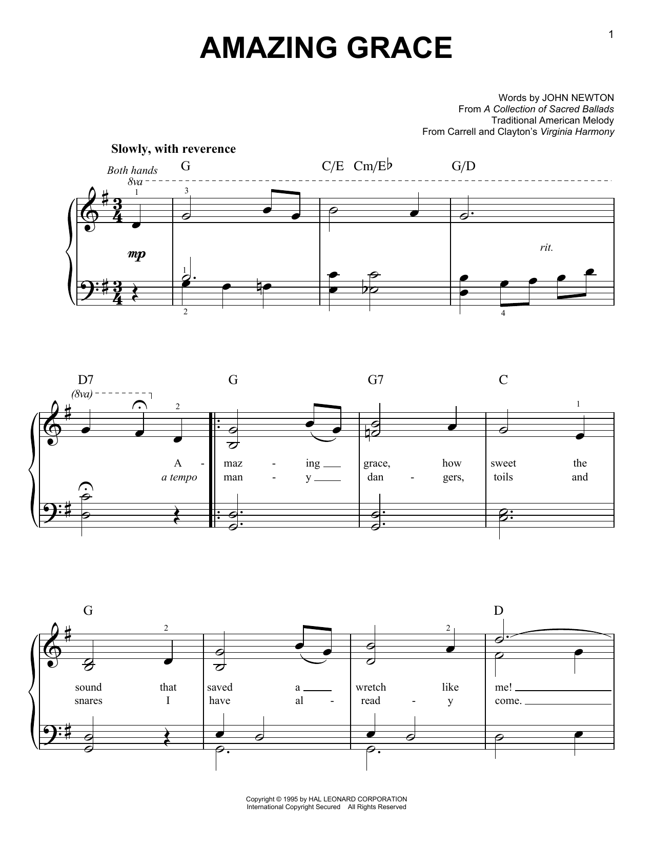 Traditional American Melody Amazing Grace sheet music notes printable PDF score
