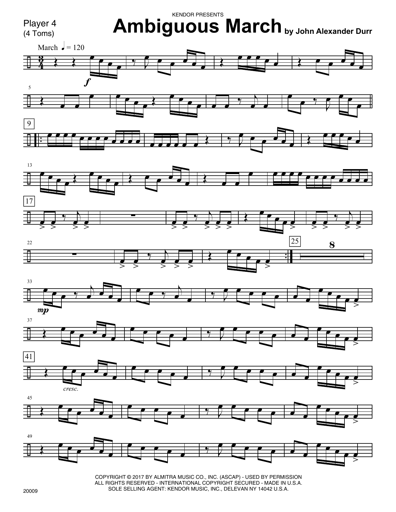 Download John Alexander Durr Ambiguous March - Percussion 4 Sheet Music
