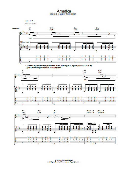 Download Simon & Garfunkel America Sheet Music and Printable PDF Score for Piano Chords/Lyrics