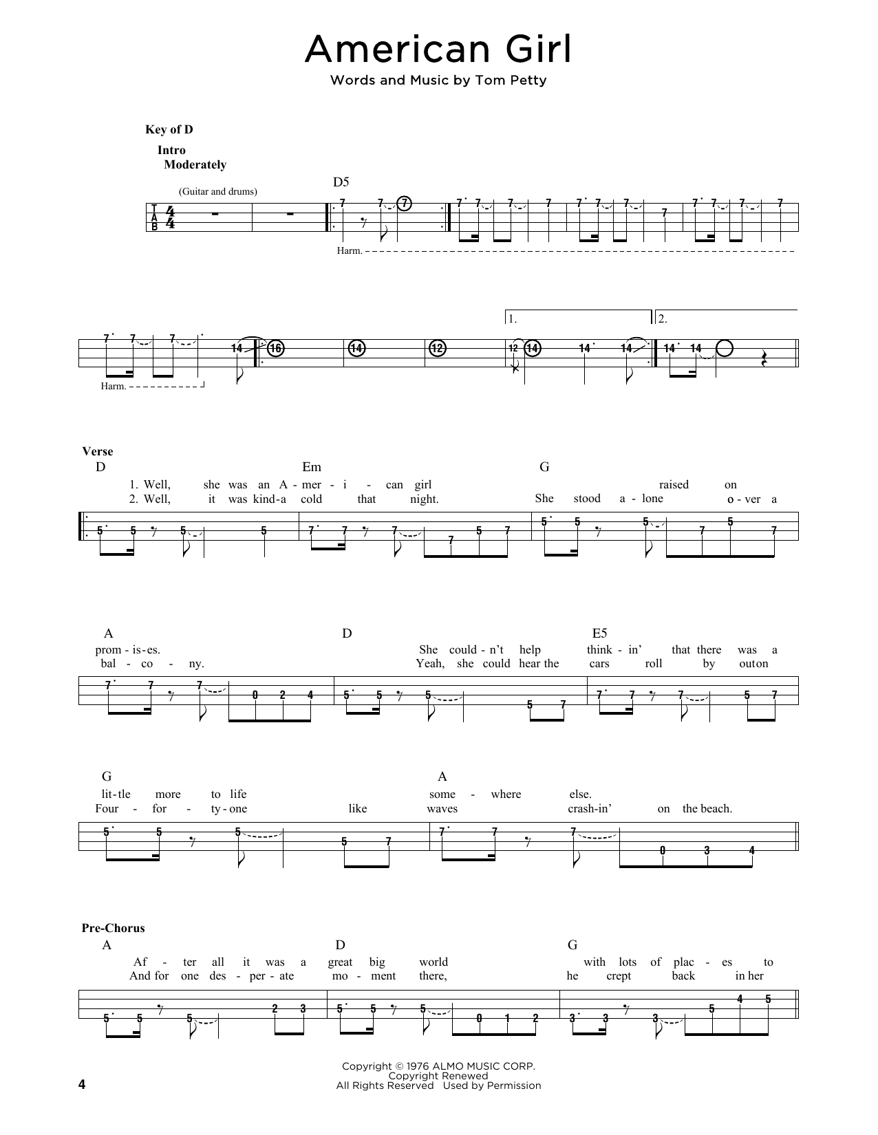 Download Tom Petty American Girl Sheet Music