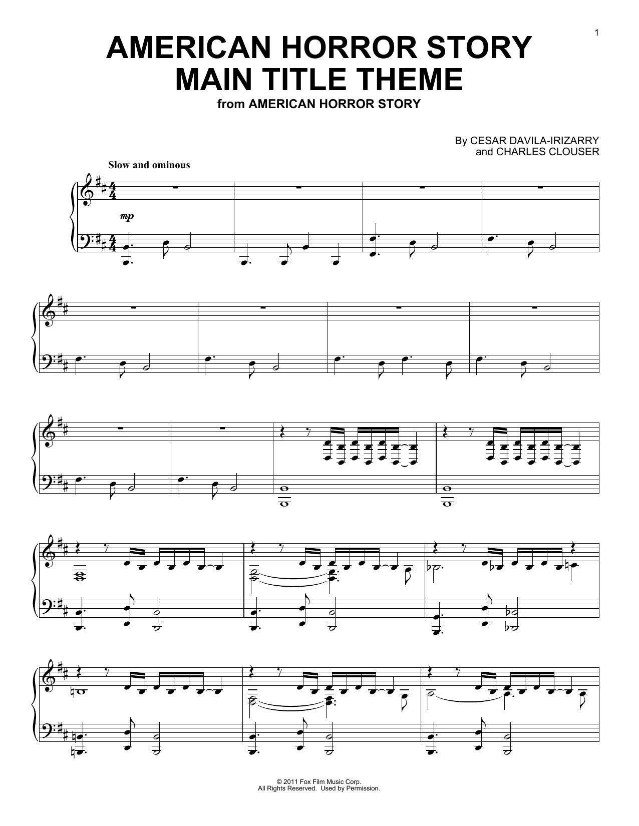 Cesar Davila-Irizarry American Horror Story (Main Title Theme) sheet music notes printable PDF score