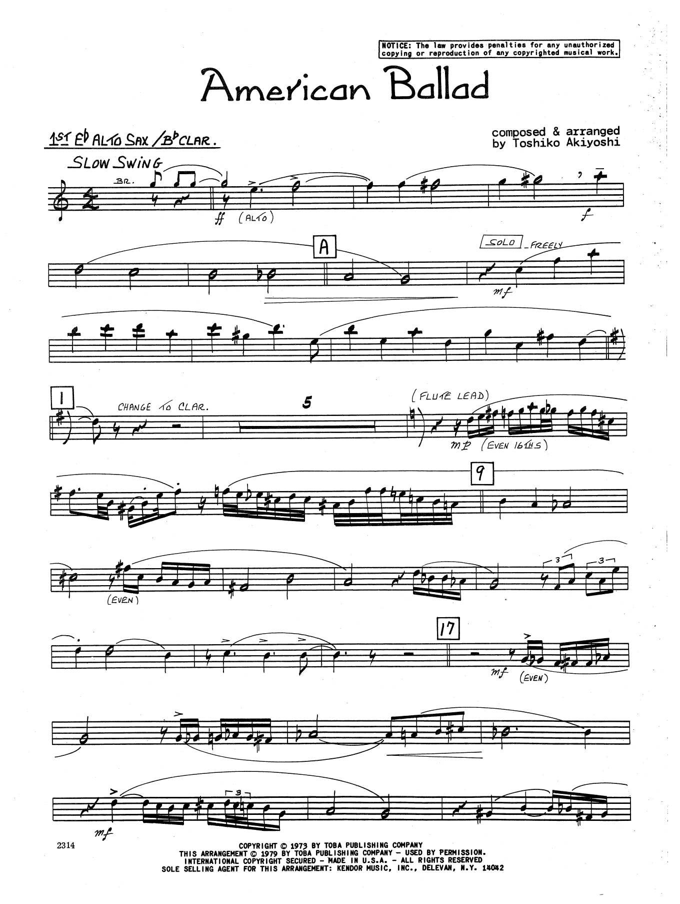 Download Toshiko Akiyoshi American Ballad - 1st Eb Alto Saxophone Sheet Music