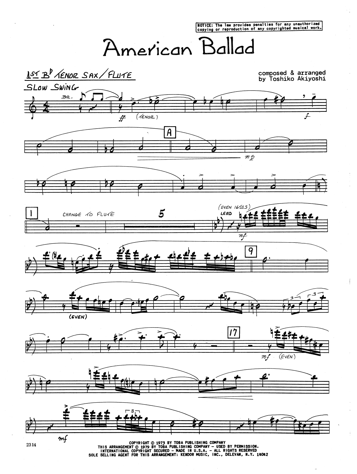 Download Toshiko Akiyoshi American Ballad - 1st Tenor Saxophone Sheet Music