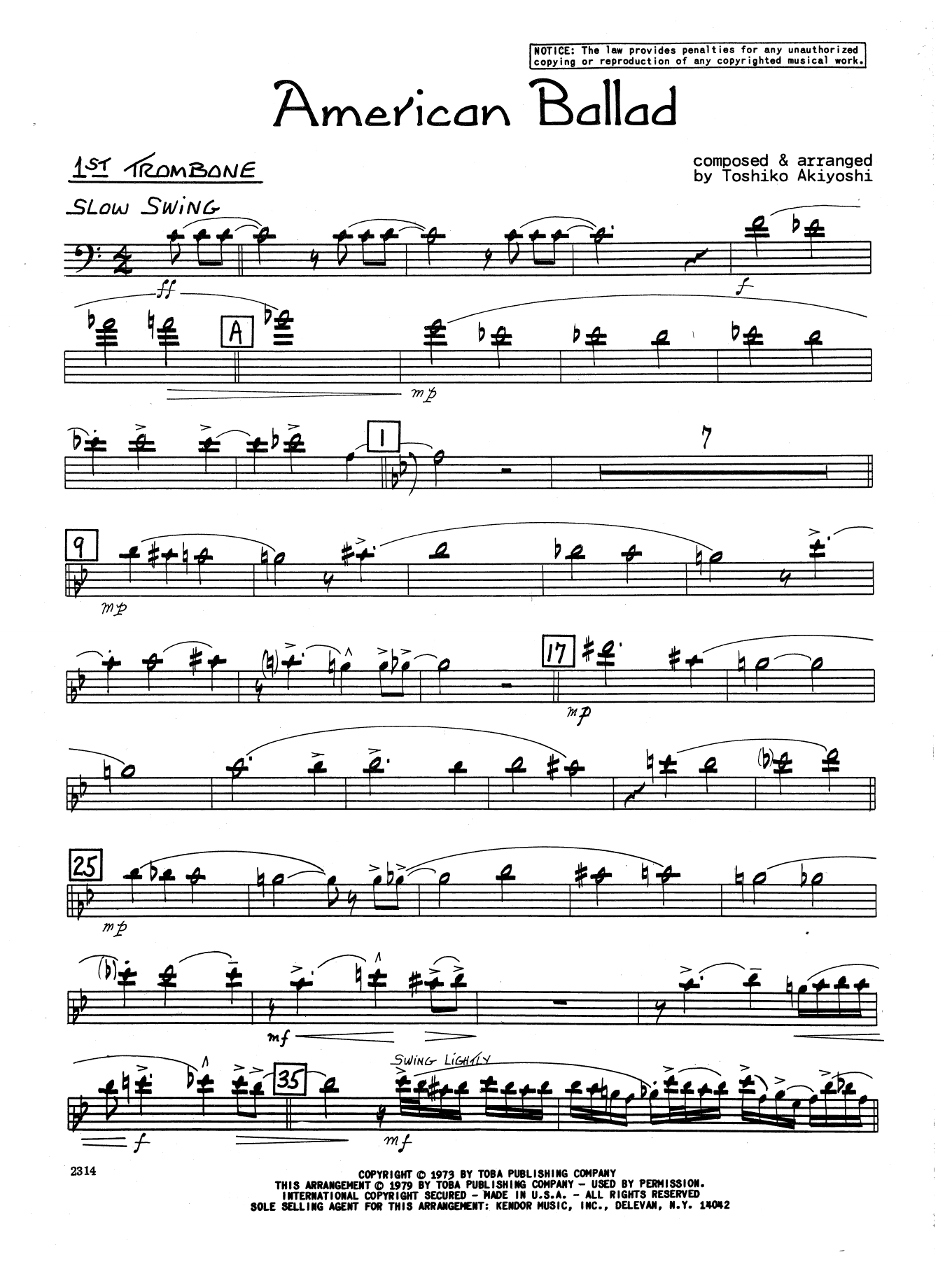 Download Toshiko Akiyoshi American Ballad - 1st Trombone Sheet Music