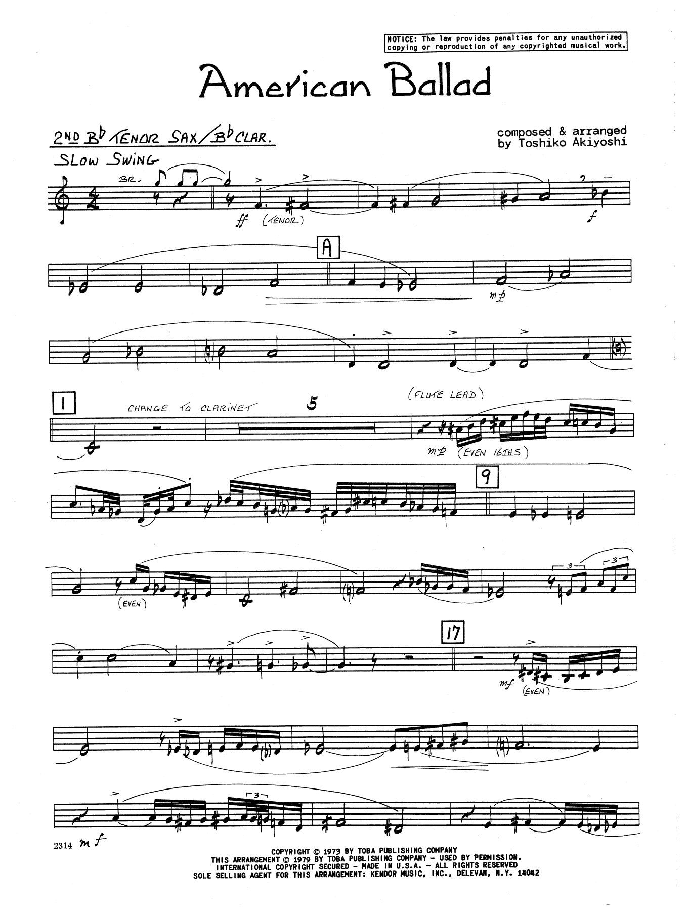 Download Toshiko Akiyoshi American Ballad - 2nd Bb Tenor Saxophon Sheet Music