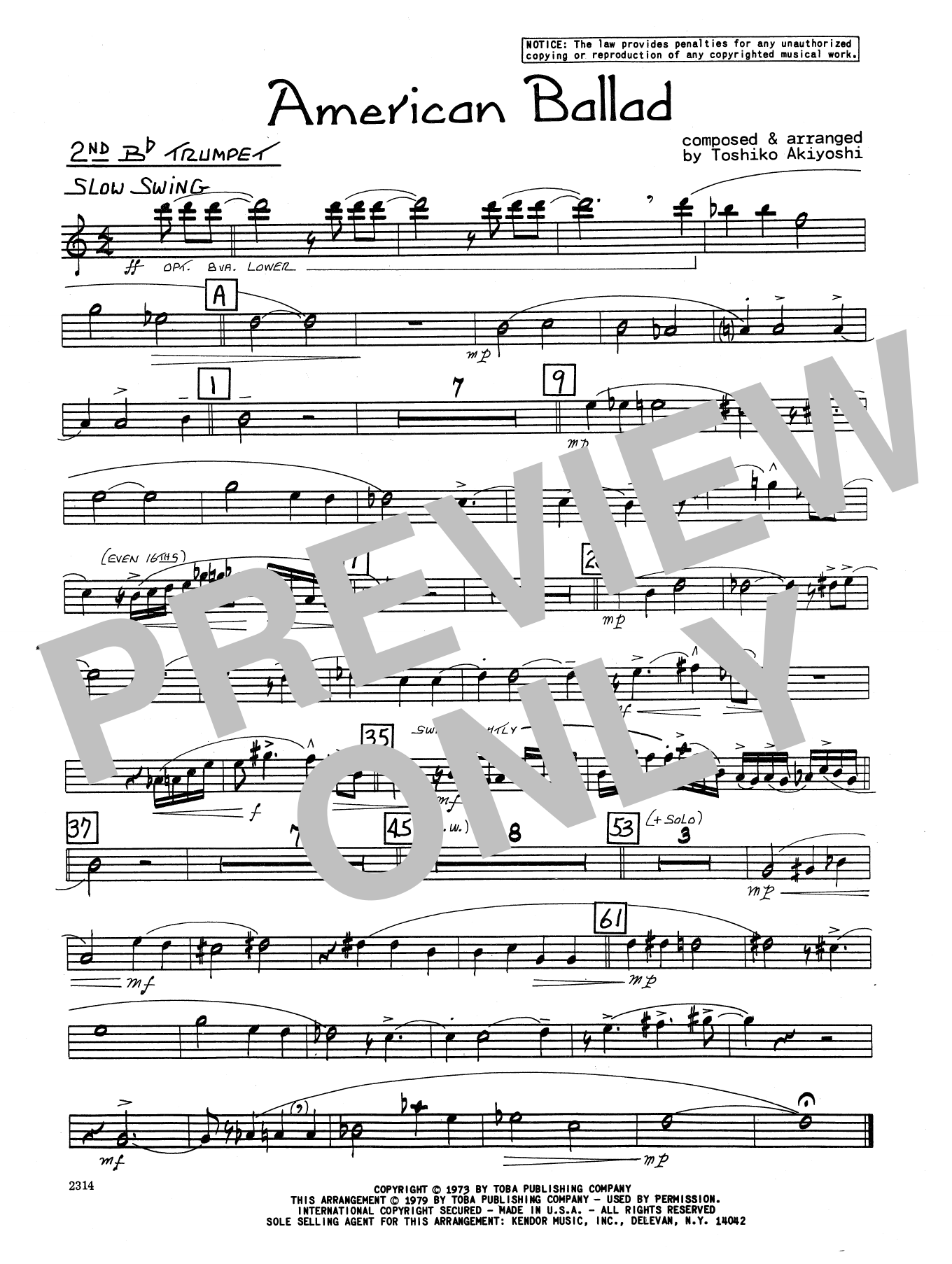Download Toshiko Akiyoshi American Ballad - 2nd Bb Trumpet Sheet Music