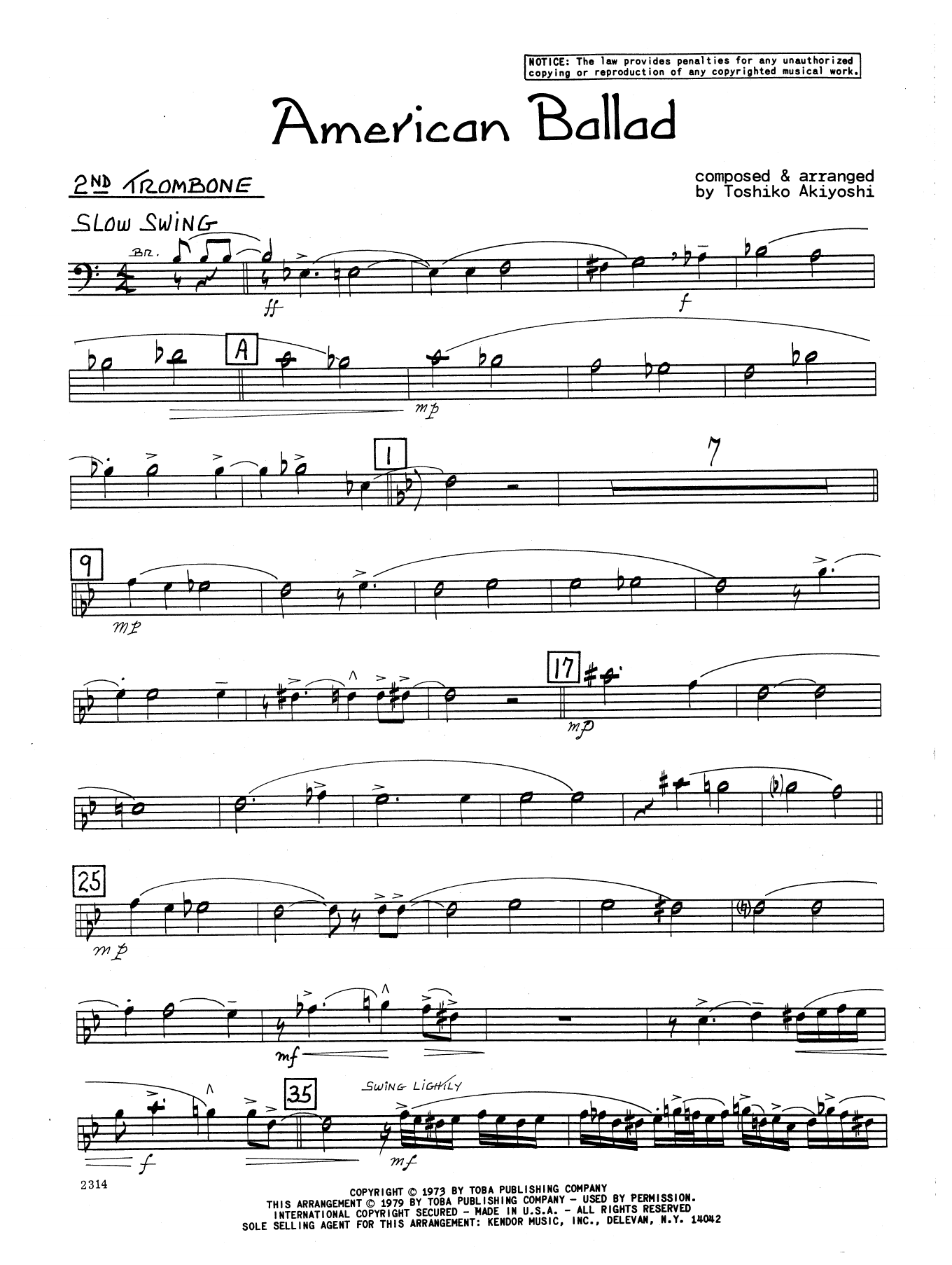 Download Toshiko Akiyoshi American Ballad - 2nd Trombone Sheet Music