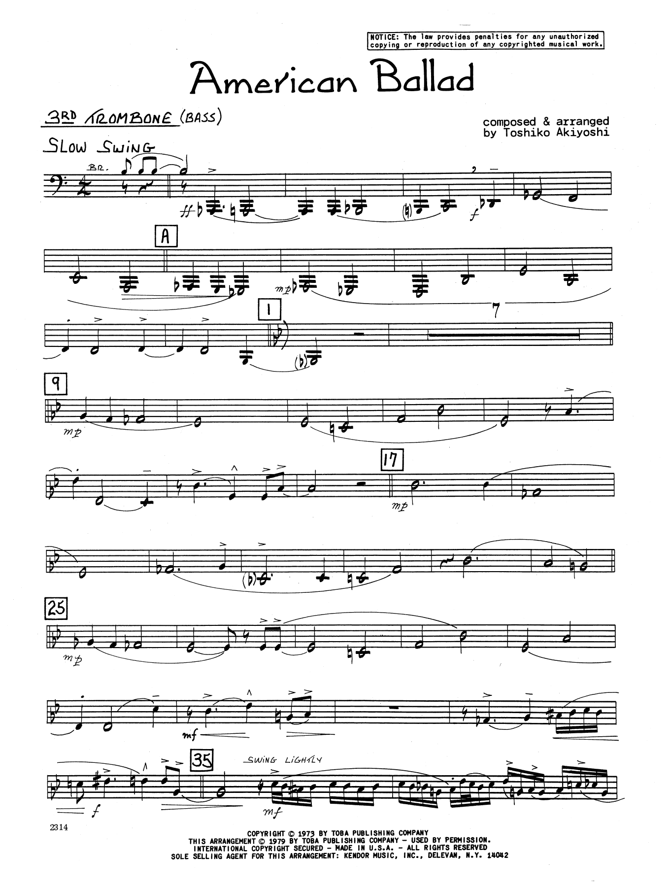 Download Toshiko Akiyoshi American Ballad - 3rd Trombone Sheet Music