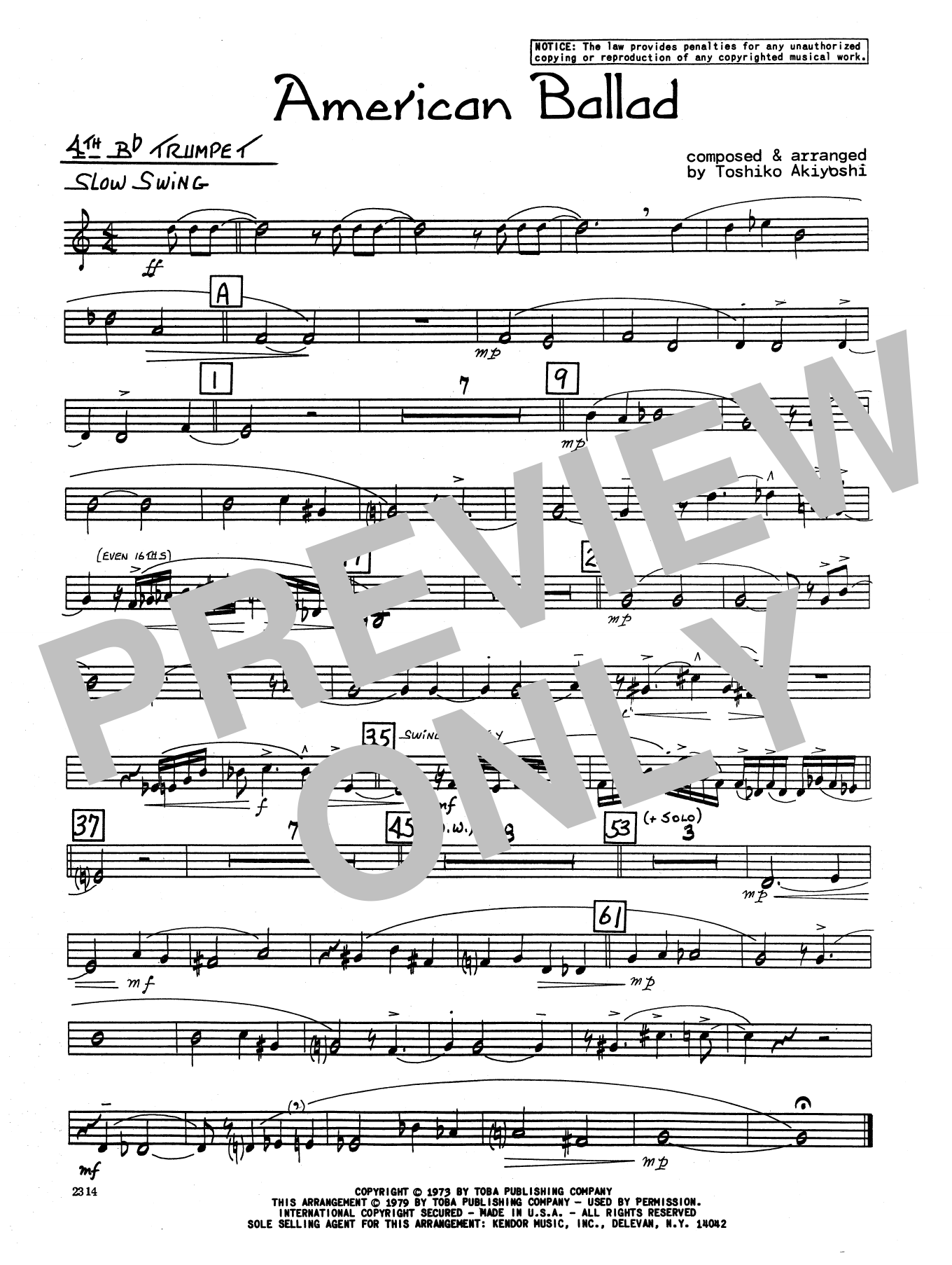 Download Toshiko Akiyoshi American Ballad - 4th Bb Trumpet Sheet Music